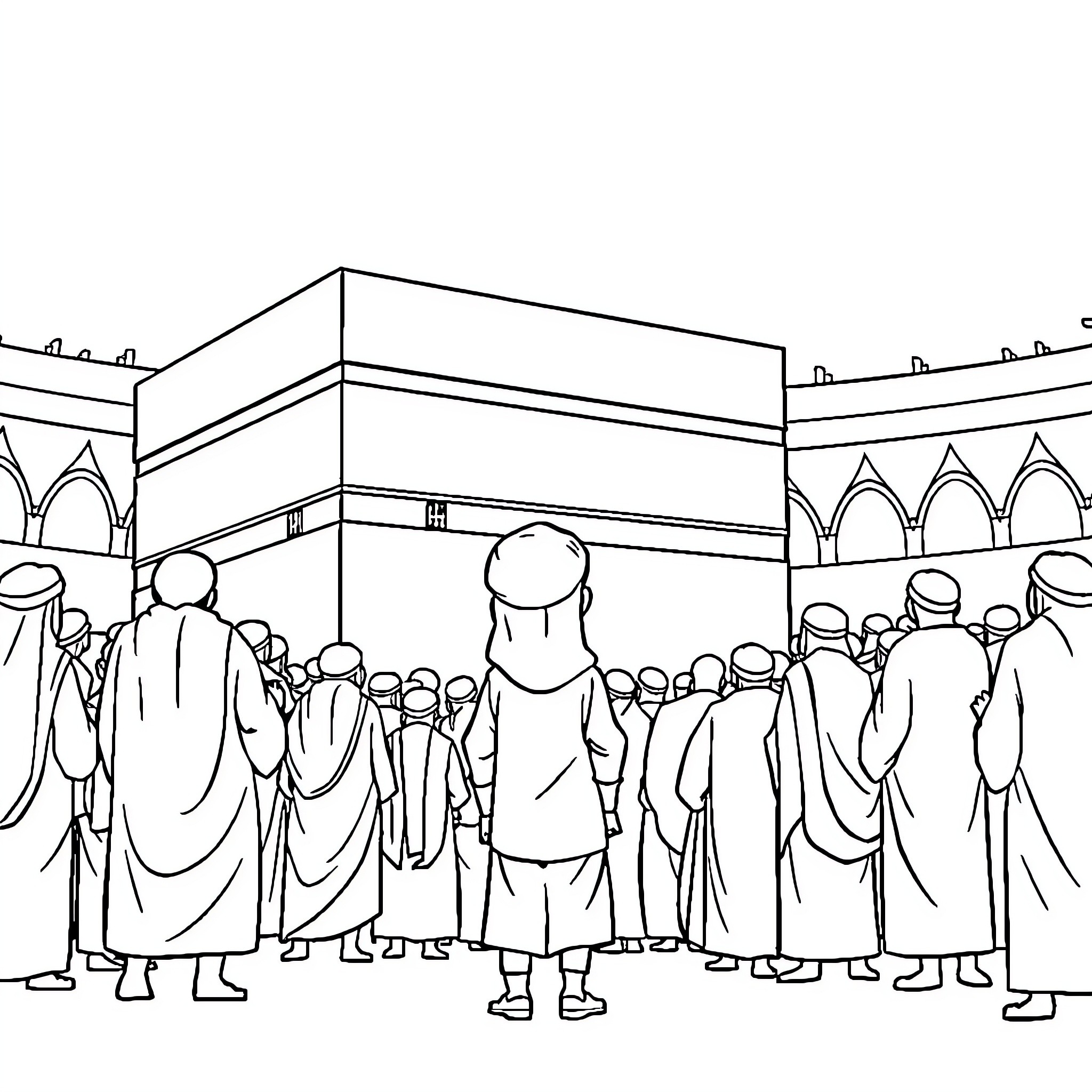 Boy visiting holy site surrounded by people Coloring Page (free black-and-white line drawing printable PDF for all, from beginners to advanced learners, including children, teens, adults, and seniors)