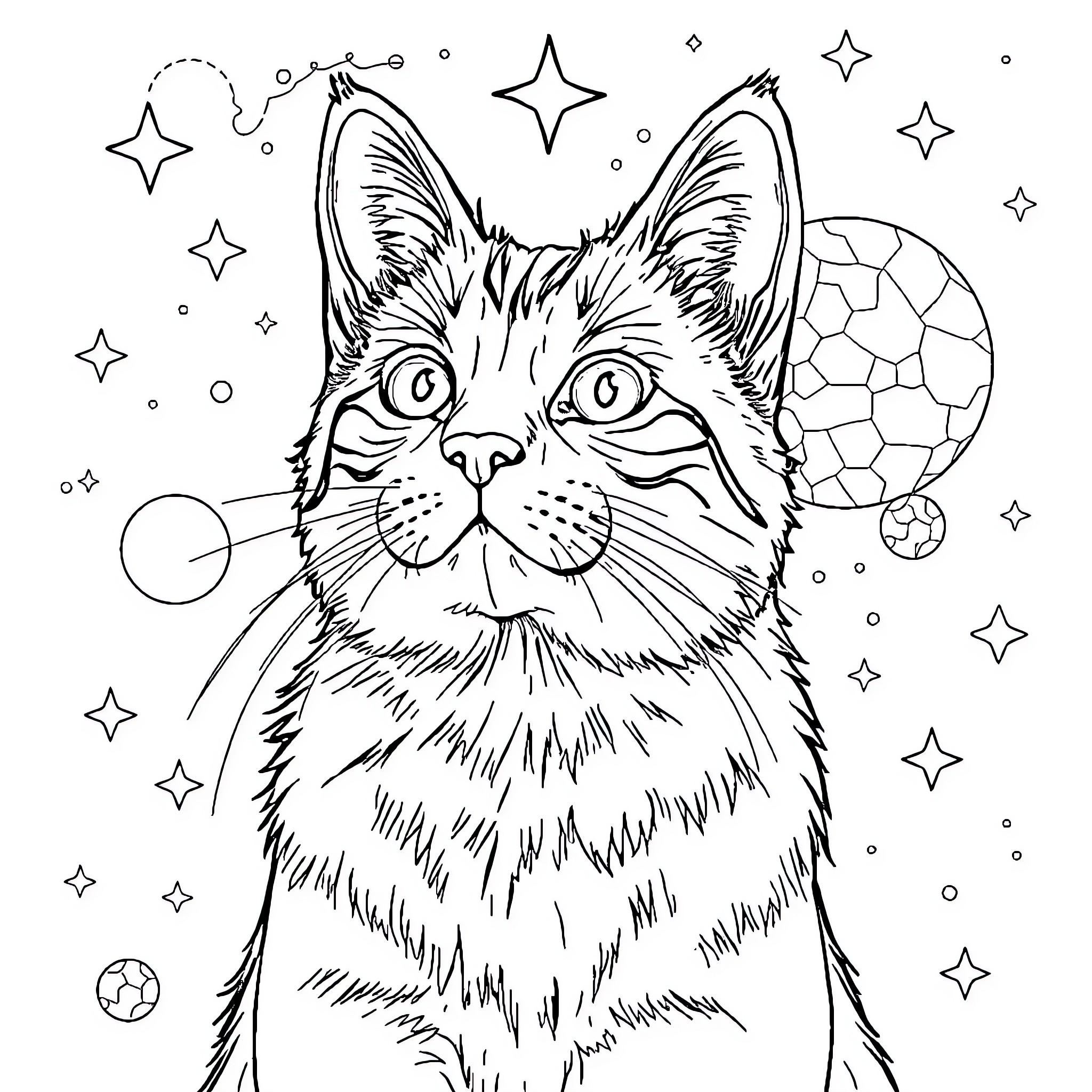 Flying Dog Gazing at Starry Night Coloring Page (free black-and-white line drawing printable PDF for all, from beginners to advanced learners, including children, teens, adults, and seniors)