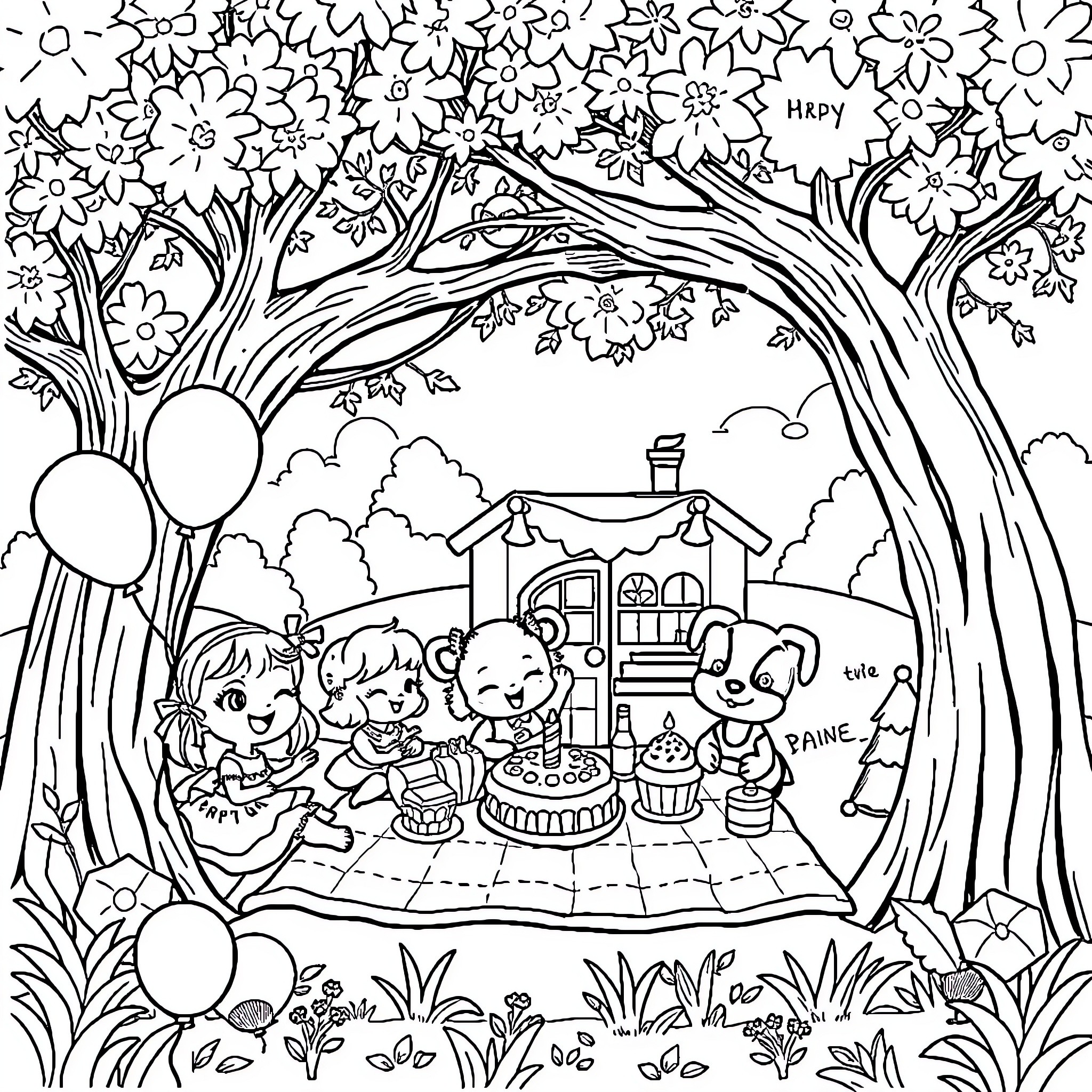 Gabby's Dollhouse: Playful Celebration in the Garden Coloring Page (free black-and-white line drawing printable PDF for all, from beginners to advanced learners, including children, teens, adults, and seniors)