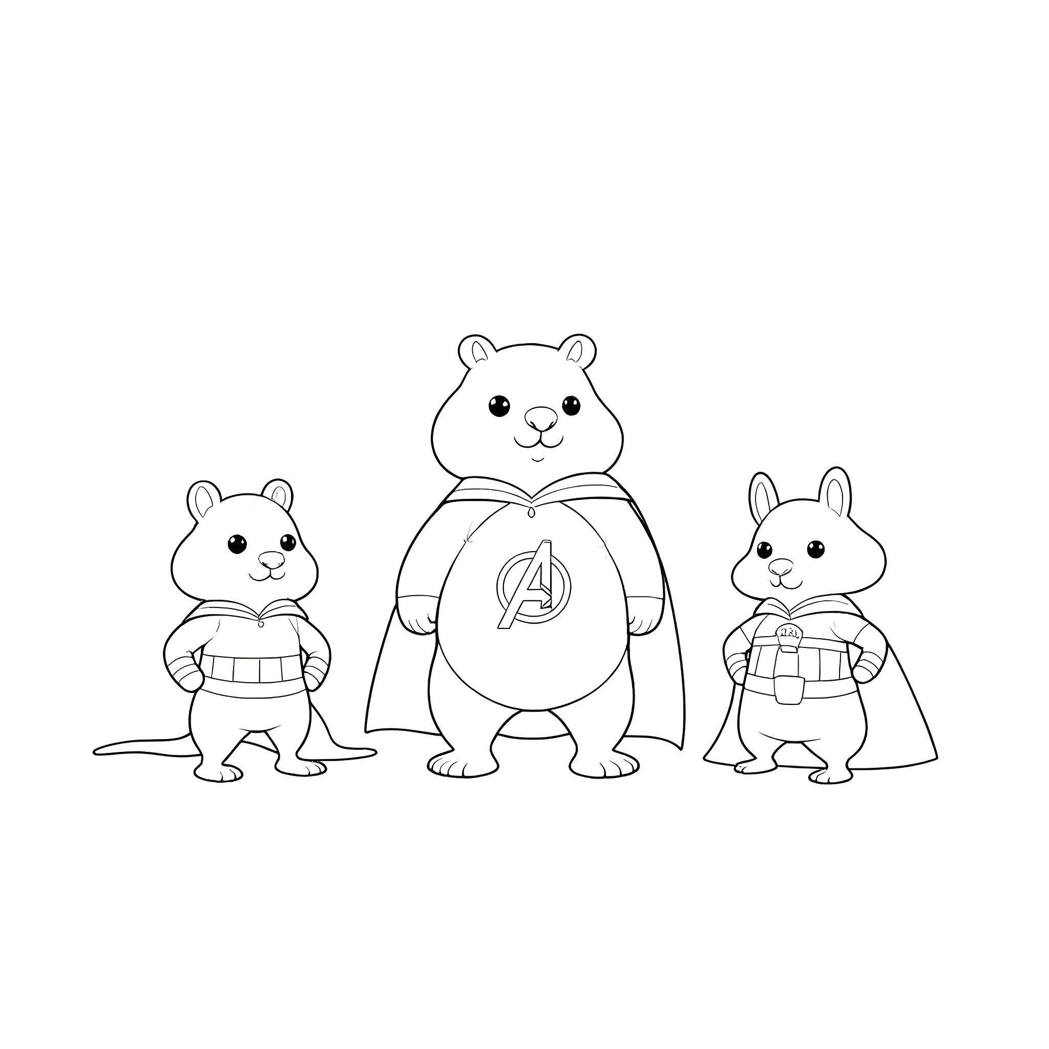 Capybara Superhero Family Posing Together Coloring Page (free black-and-white line drawing printable PDF for all, from beginners to advanced learners, including children, teens, adults, and seniors)