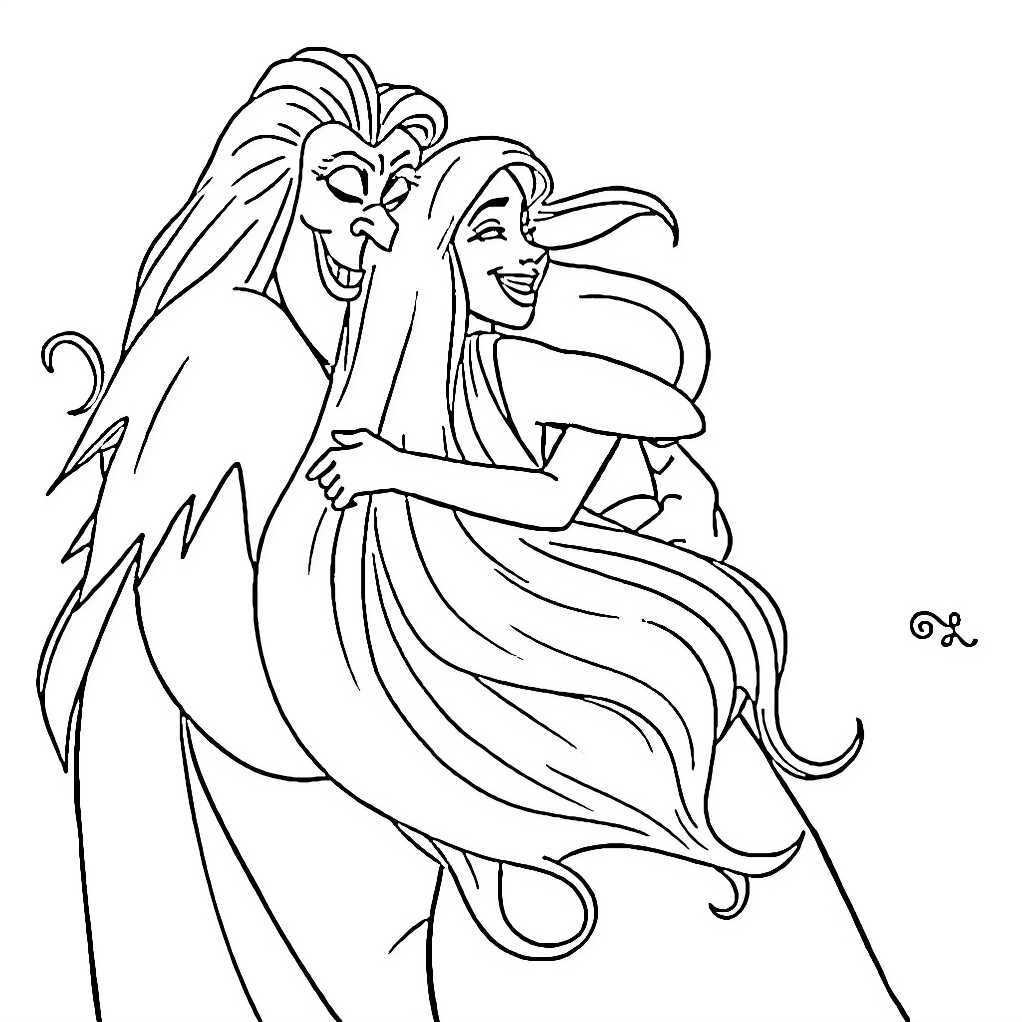 Ariel embracing Prince Eric in a happy moment Coloring Page (free black-and-white line drawing printable PDF for all, from beginners to advanced learners, including children, teens, adults, and seniors)