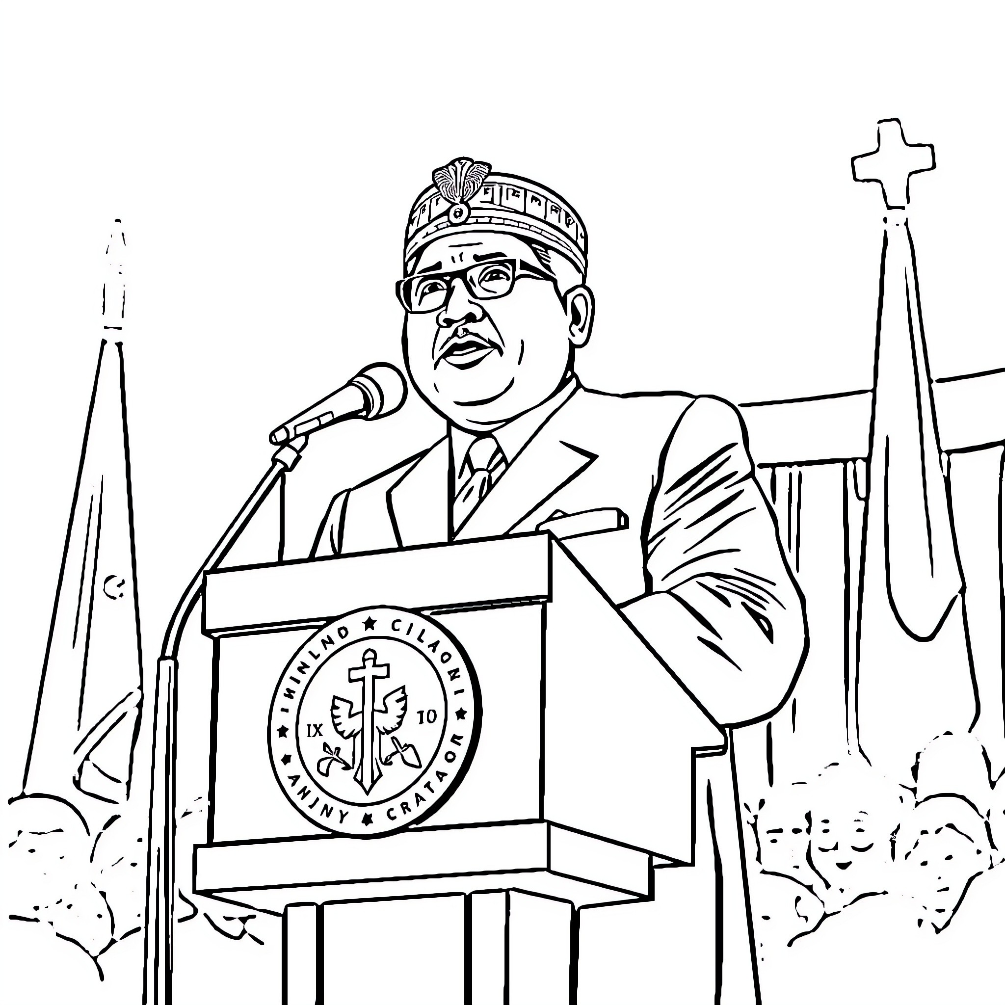 Mazouki Man Speaking at Podium with Religious Symbols Coloring Page (free black-and-white line drawing printable PDF for all, from beginners to advanced learners, including children, teens, adults, and seniors)