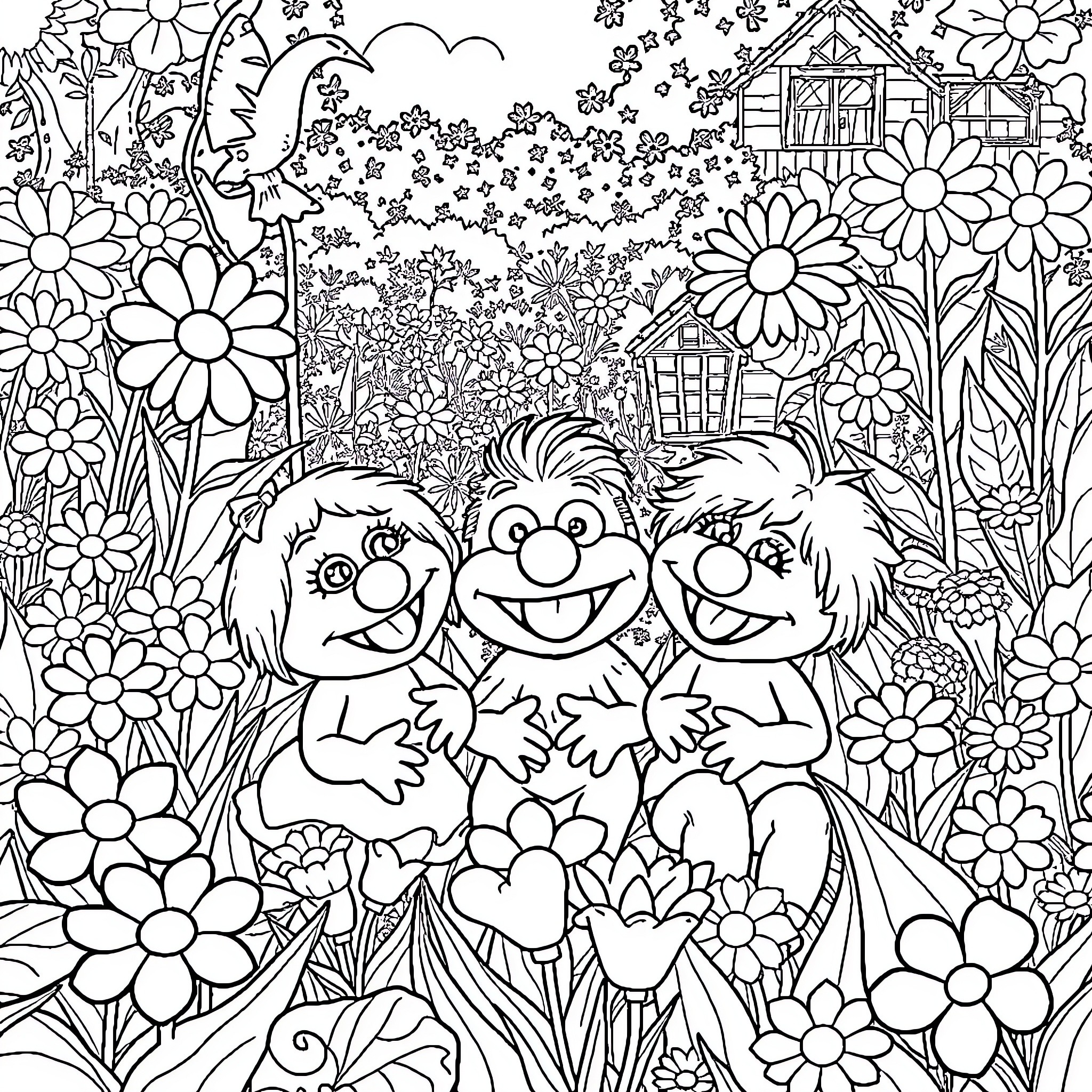 Muppet Babies Playing in Colorful Flower Garden Coloring Page (free black-and-white line drawing printable PDF for all, from beginners to advanced learners, including children, teens, adults, and seniors)