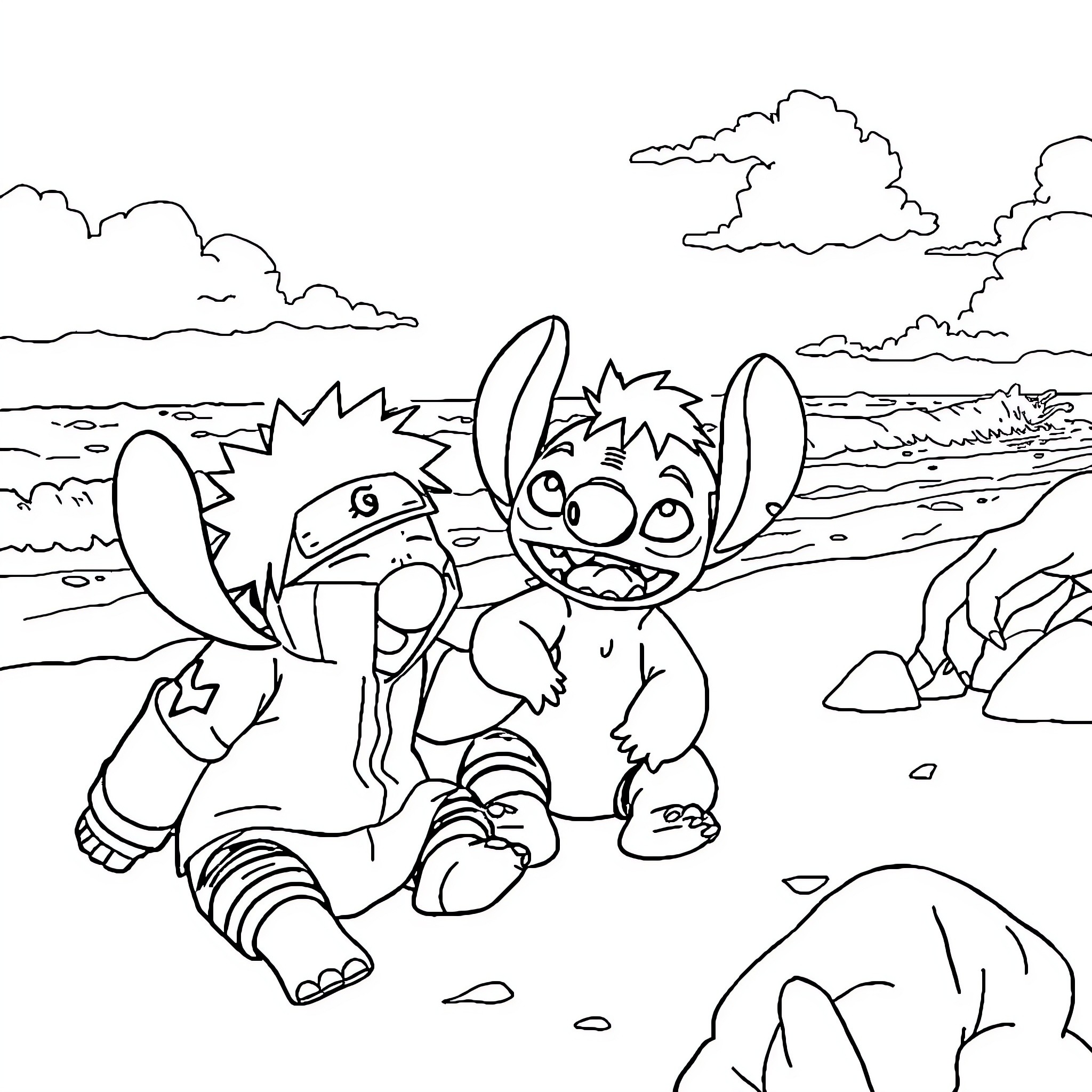 Naruto character in a coastal landscape Coloring Page (free black-and-white line drawing printable PDF for all, from beginners to advanced learners, including children, teens, adults, and seniors)