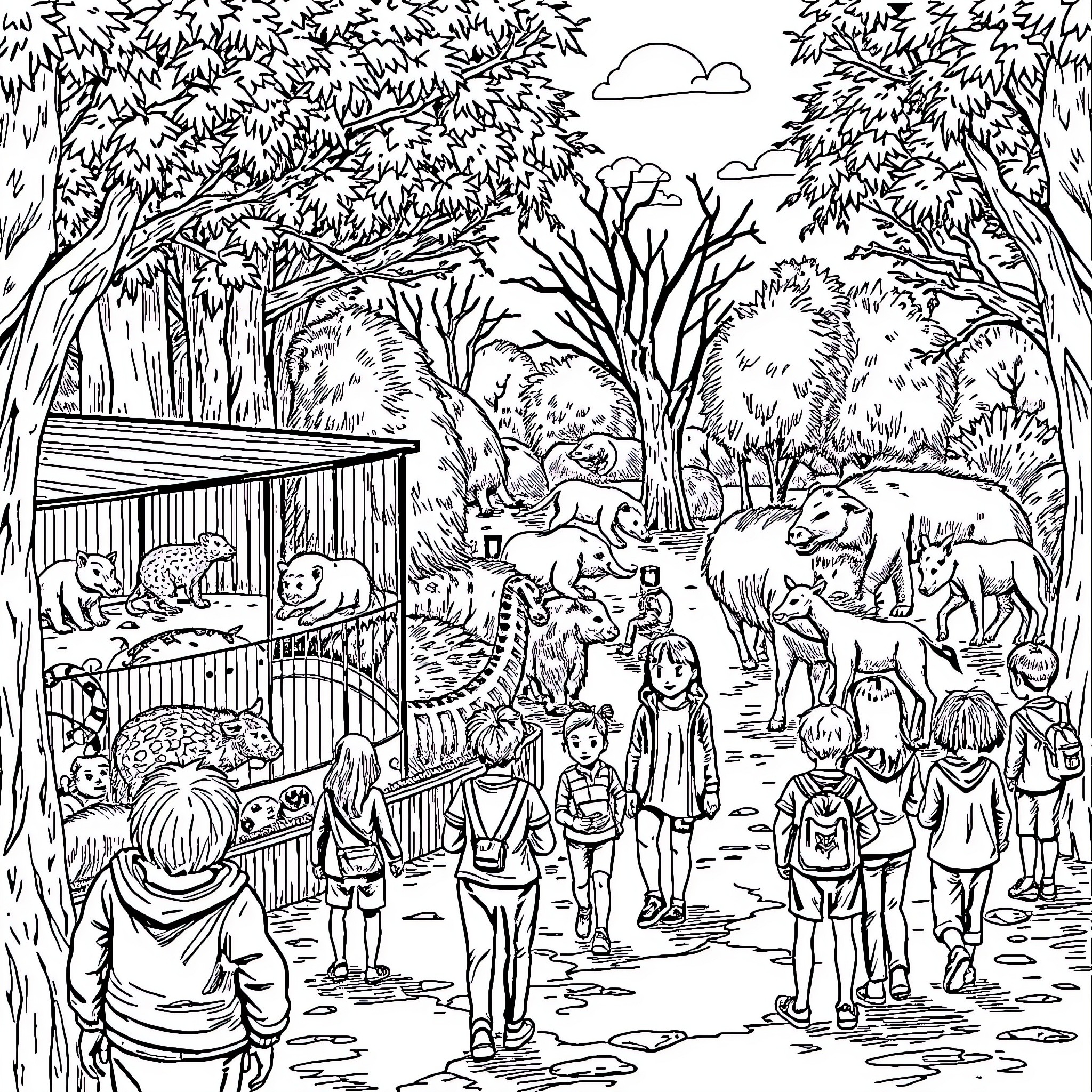 Gritty Exploration of a Vibrant Wildlife Park Coloring Page (free black-and-white line drawing printable PDF for all, from beginners to advanced learners, including children, teens, adults, and seniors)