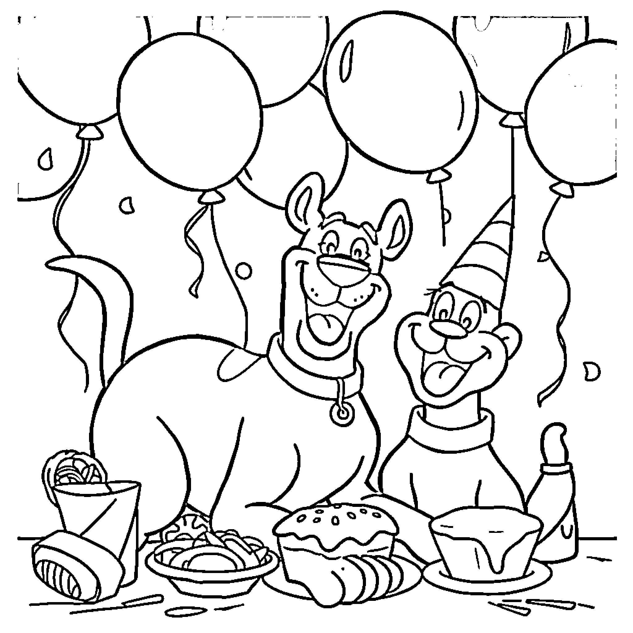 Scooby Doo and Shaggy's Delightful Party Coloring Page (free black-and-white line drawing printable PDF for all, from beginners to advanced learners, including children, teens, adults, and seniors)