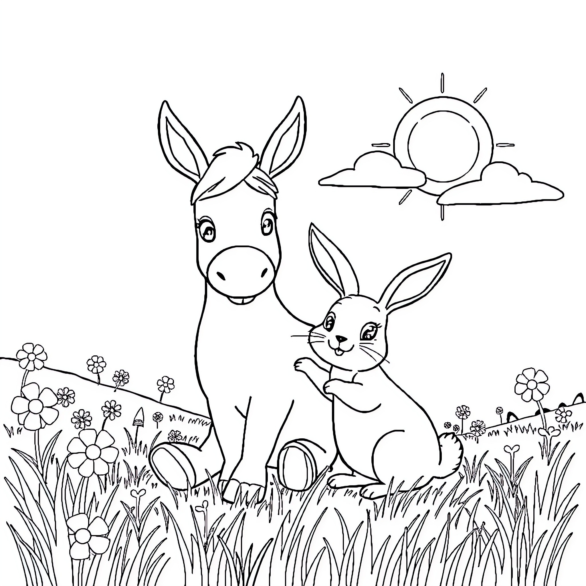 Donkey and Rabbit in Grassy Meadow Coloring Page (free black-and-white line drawing printable PDF for all, from beginners to advanced learners, including children, teens, adults, and seniors)