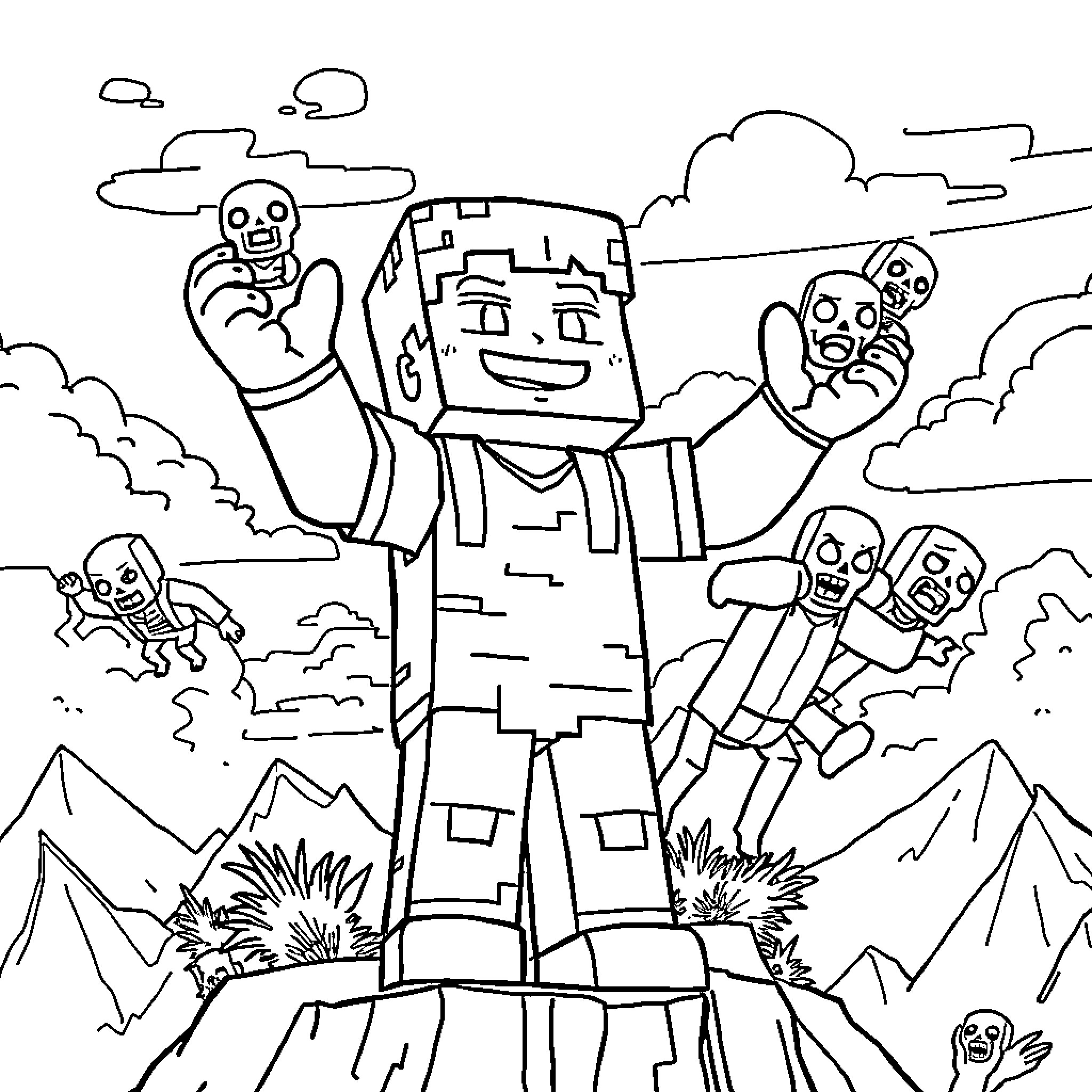 Minecraft Steve triumphantly surrounded by Zombie Mobs Coloring Page (free black-and-white line drawing printable PDF for all, from beginners to advanced learners, including children, teens, adults, and seniors)