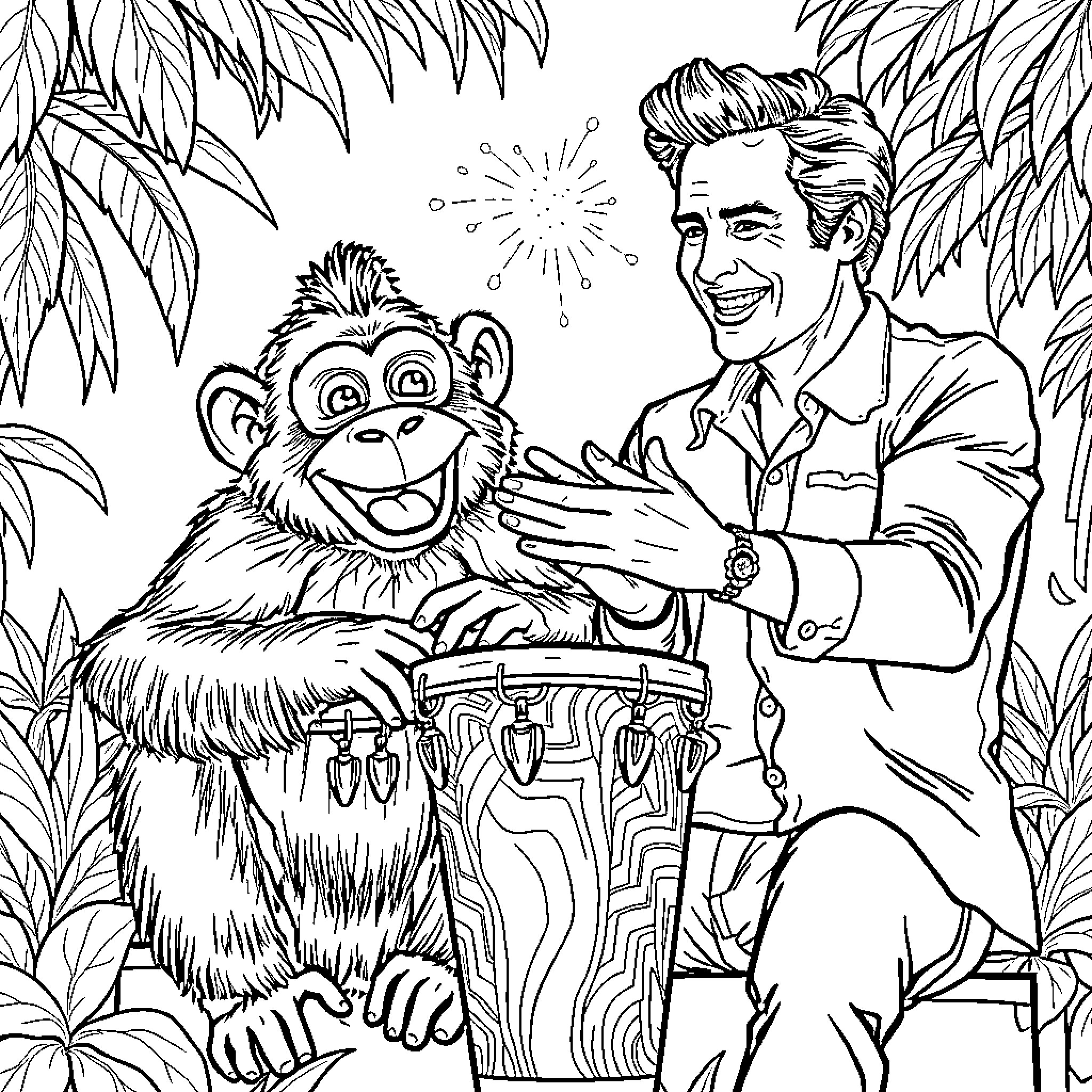 Monkey playing percussion with a smiling man in the jungle Coloring Page (free black-and-white line drawing printable PDF for all, from beginners to advanced learners, including children, teens, adults, and seniors)