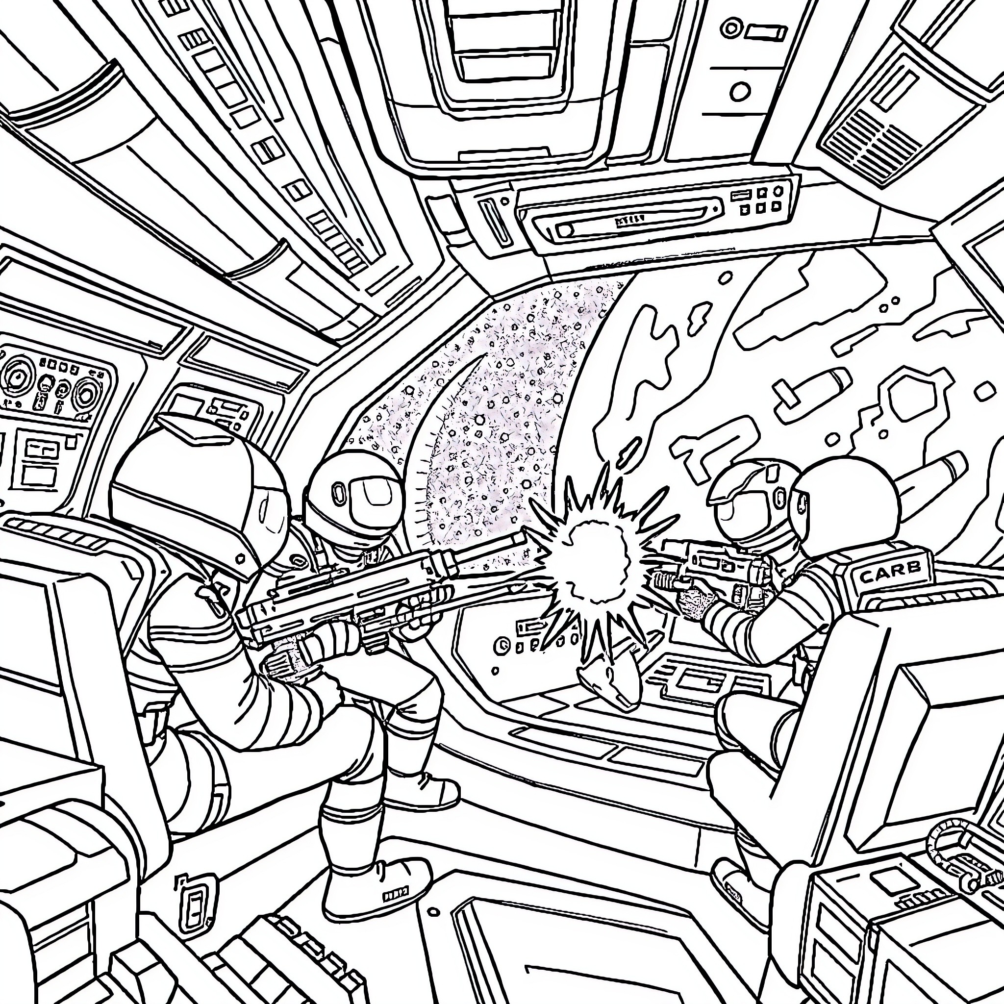 Among Us Characters in Spaceship Interior Coloring Page (free black-and-white line drawing printable PDF for all, from beginners to advanced learners, including children, teens, adults, and seniors)