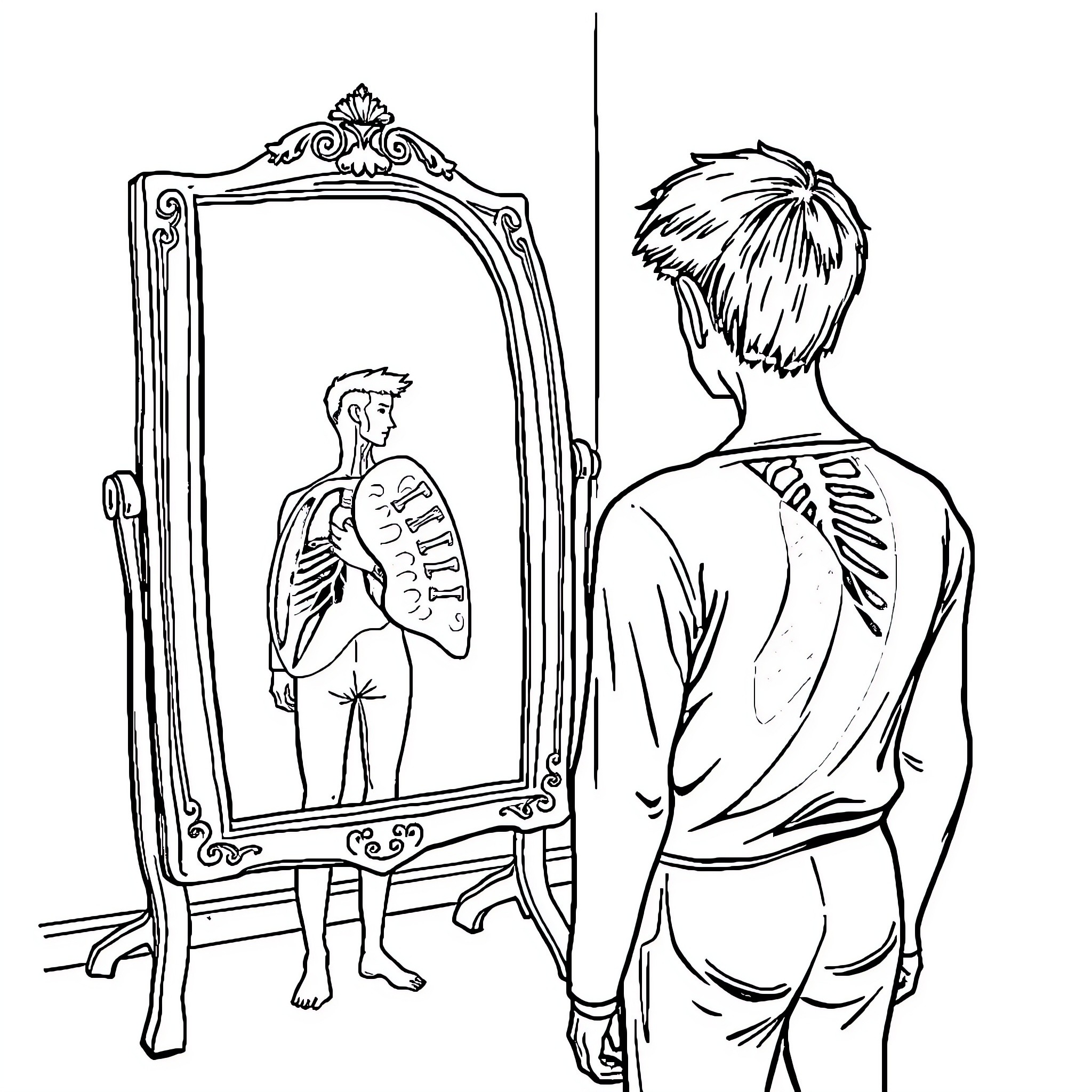 Mirror Reflection of Shirtless Person Coloring Page (free black-and-white line drawing printable PDF for all, from beginners to advanced learners, including children, teens, adults, and seniors)