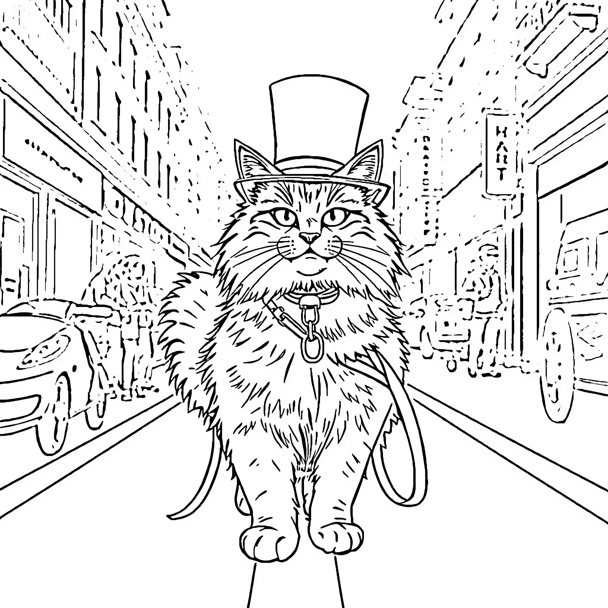 Cat in a Top Hat on a City Street Coloring Page (free black-and-white line drawing printable PDF for all, from beginners to advanced learners, including children, teens, adults, and seniors)