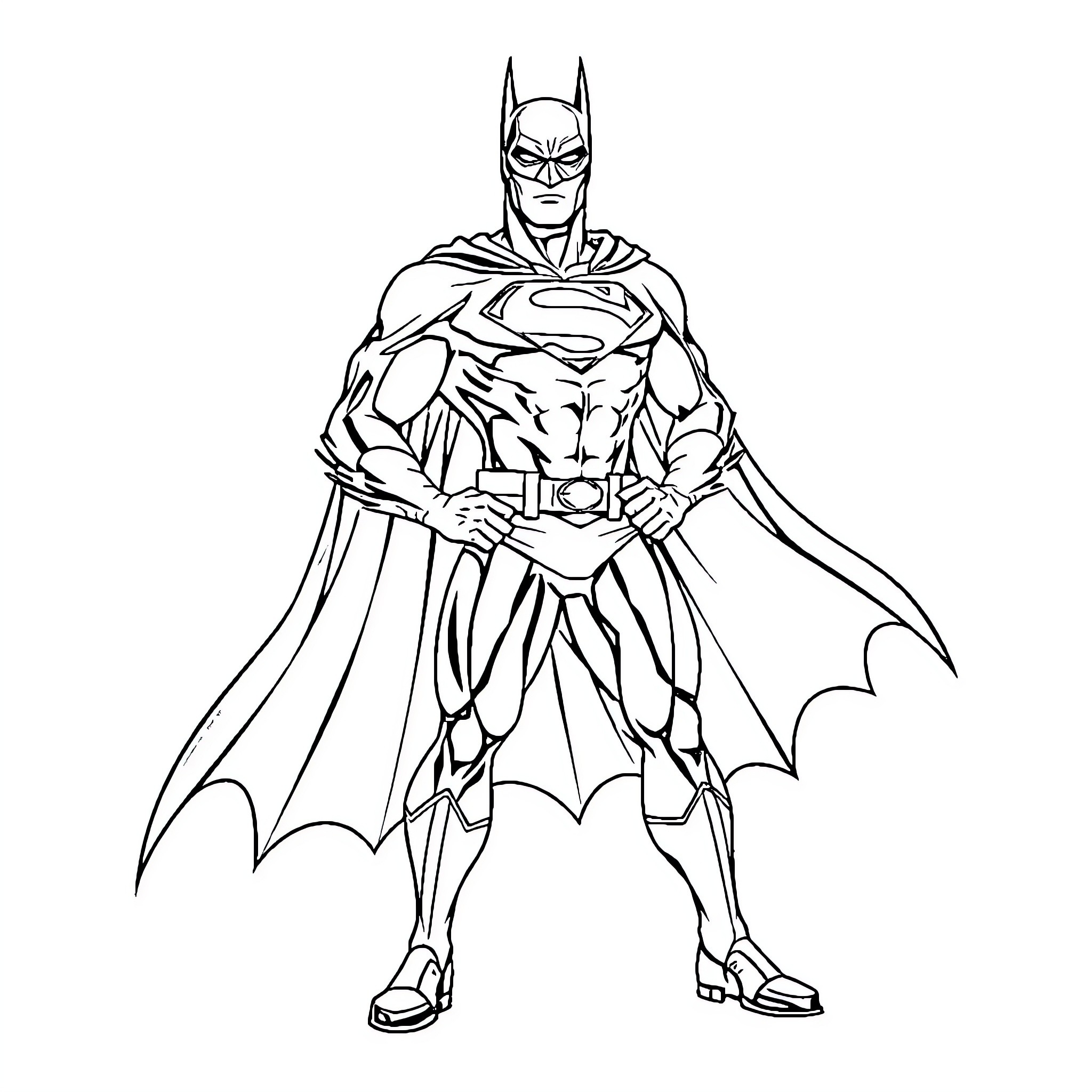 Batman in heroic pose Coloring Page (free black-and-white line drawing printable PDF for all, from beginners to advanced learners, including children, teens, adults, and seniors)