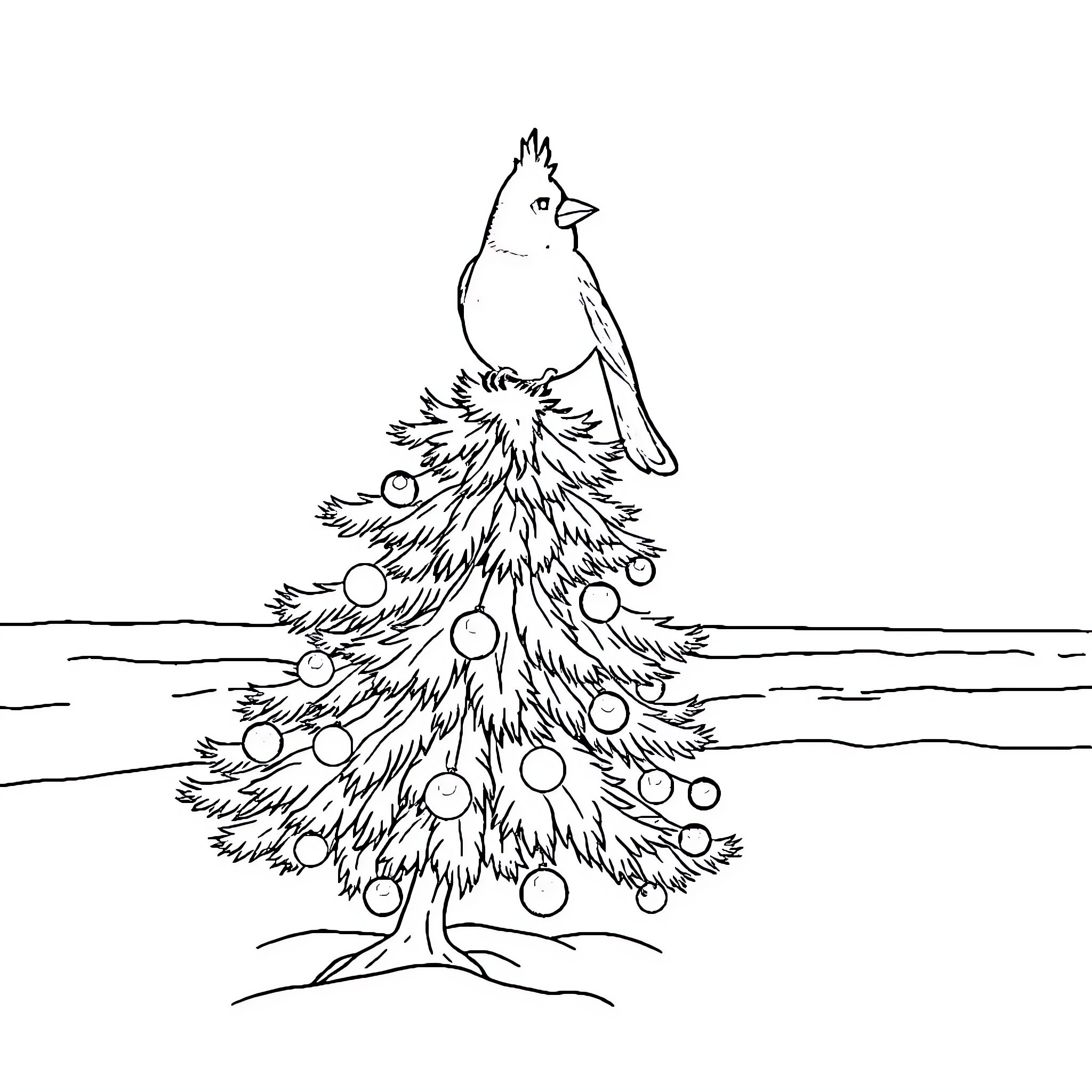 Bird perched atop a decorated holiday tree Coloring Page (free black-and-white line drawing printable PDF for all, from beginners to advanced learners, including children, teens, adults, and seniors)