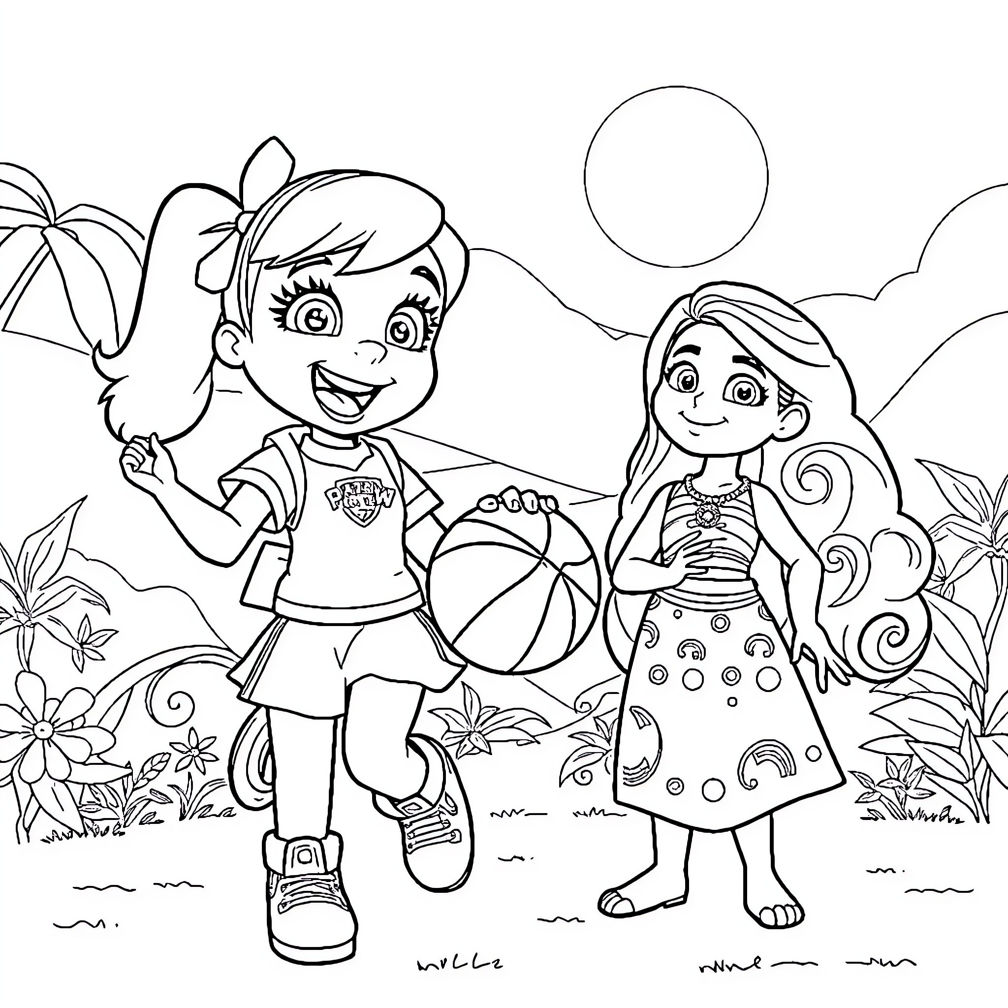 Sky friends playing joyfully in the outdoors Coloring Page (free black-and-white line drawing printable PDF for all, from beginners to advanced learners, including children, teens, adults, and seniors)