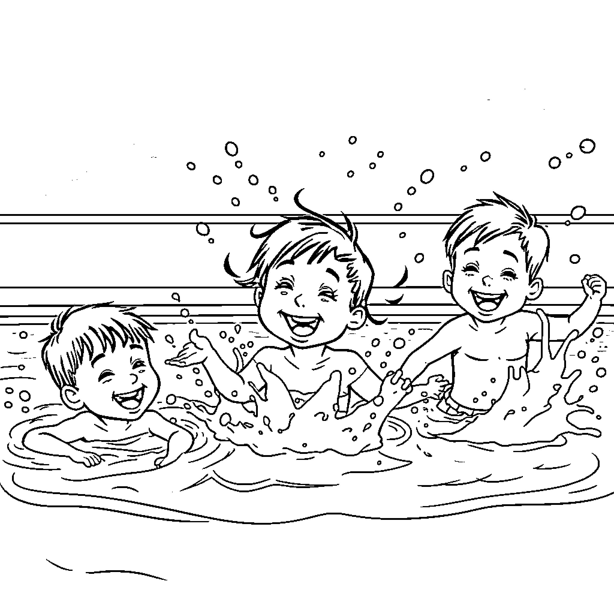 Kids Splashing and Playing in Water Coloring Page (free black-and-white line drawing printable PDF for all, from beginners to advanced learners, including children, teens, adults, and seniors)
