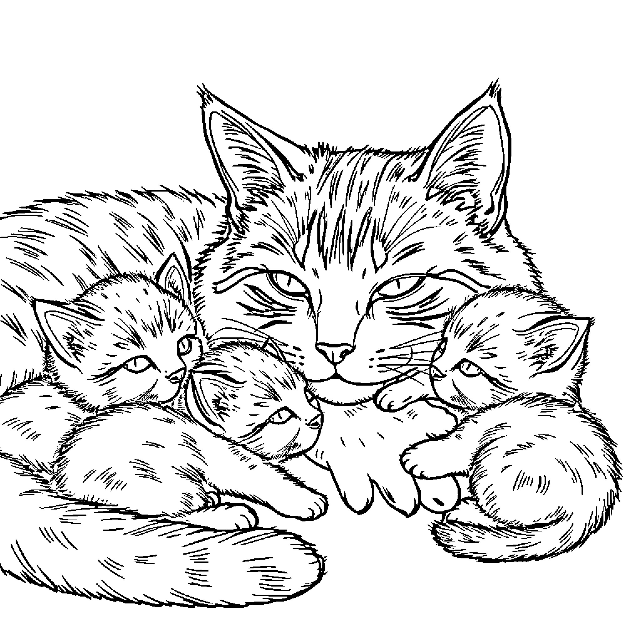Cat family cuddling together Coloring Page (free black-and-white line drawing printable PDF for all, from beginners to advanced learners, including children, teens, adults, and seniors)