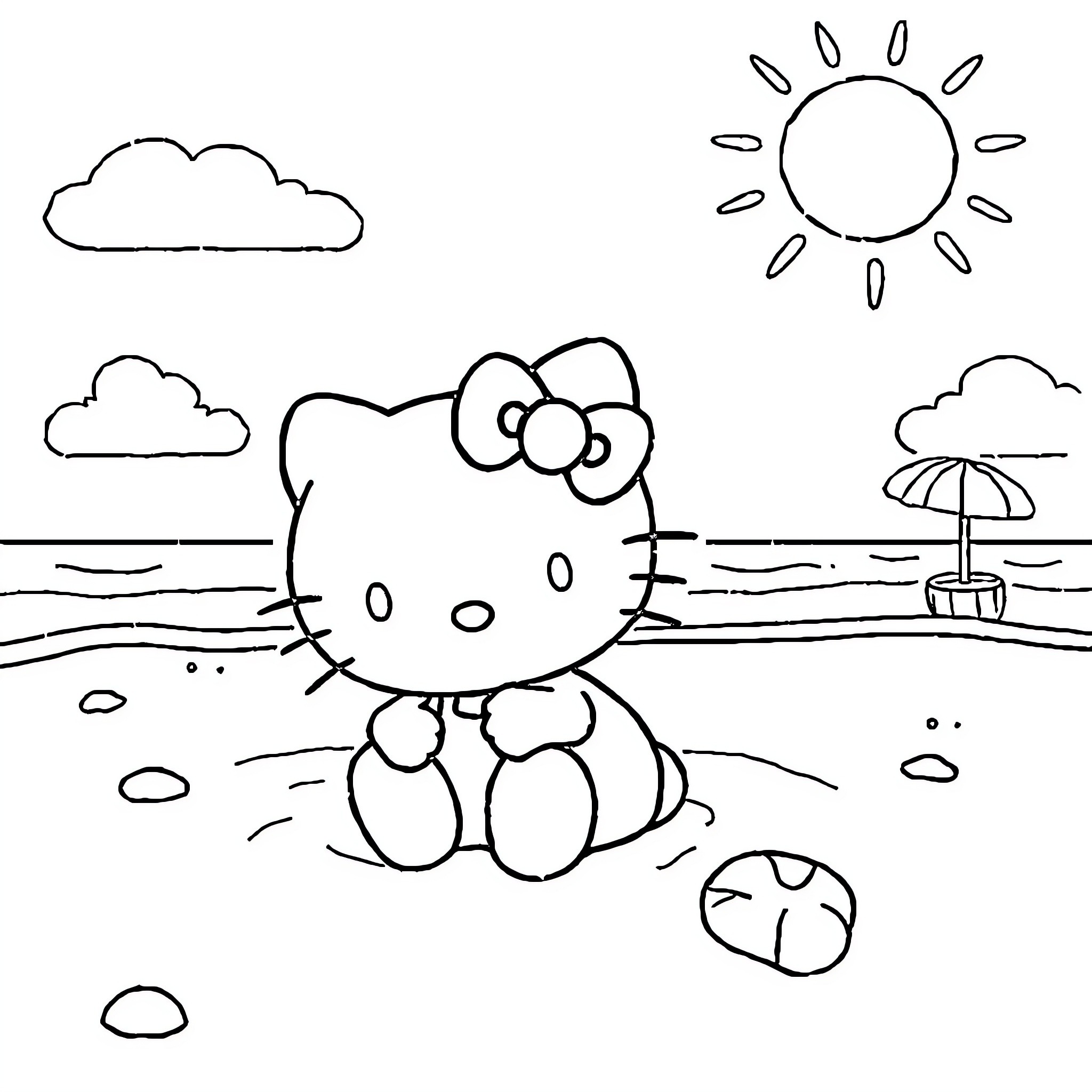 Hello Kitty relaxing at the beach Coloring Page (free black-and-white line drawing printable PDF for all, from beginners to advanced learners, including children, teens, adults, and seniors)