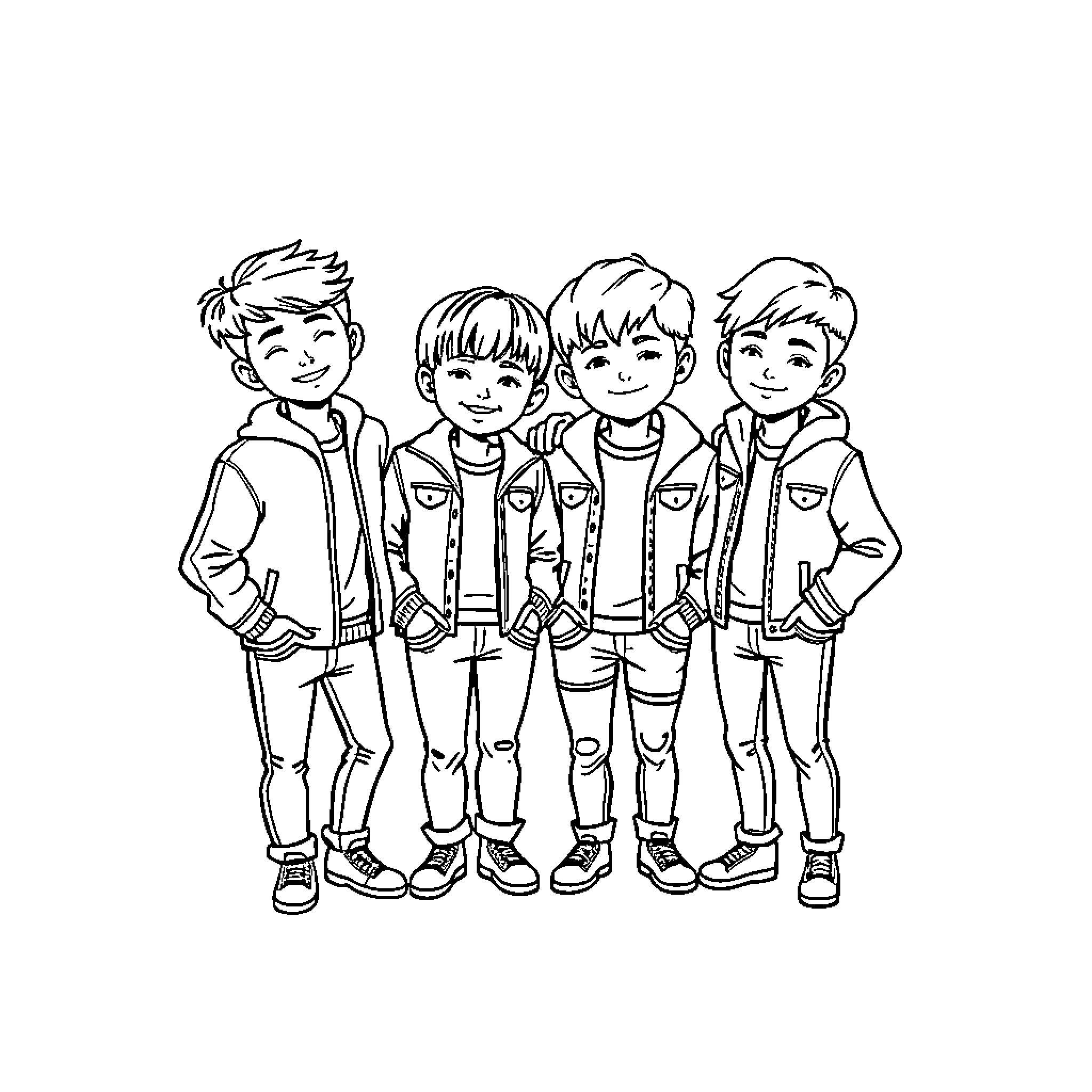 BTS Band Members in Casual Attire Coloring Page (free black-and-white line drawing printable PDF for all, from beginners to advanced learners, including children, teens, adults, and seniors)