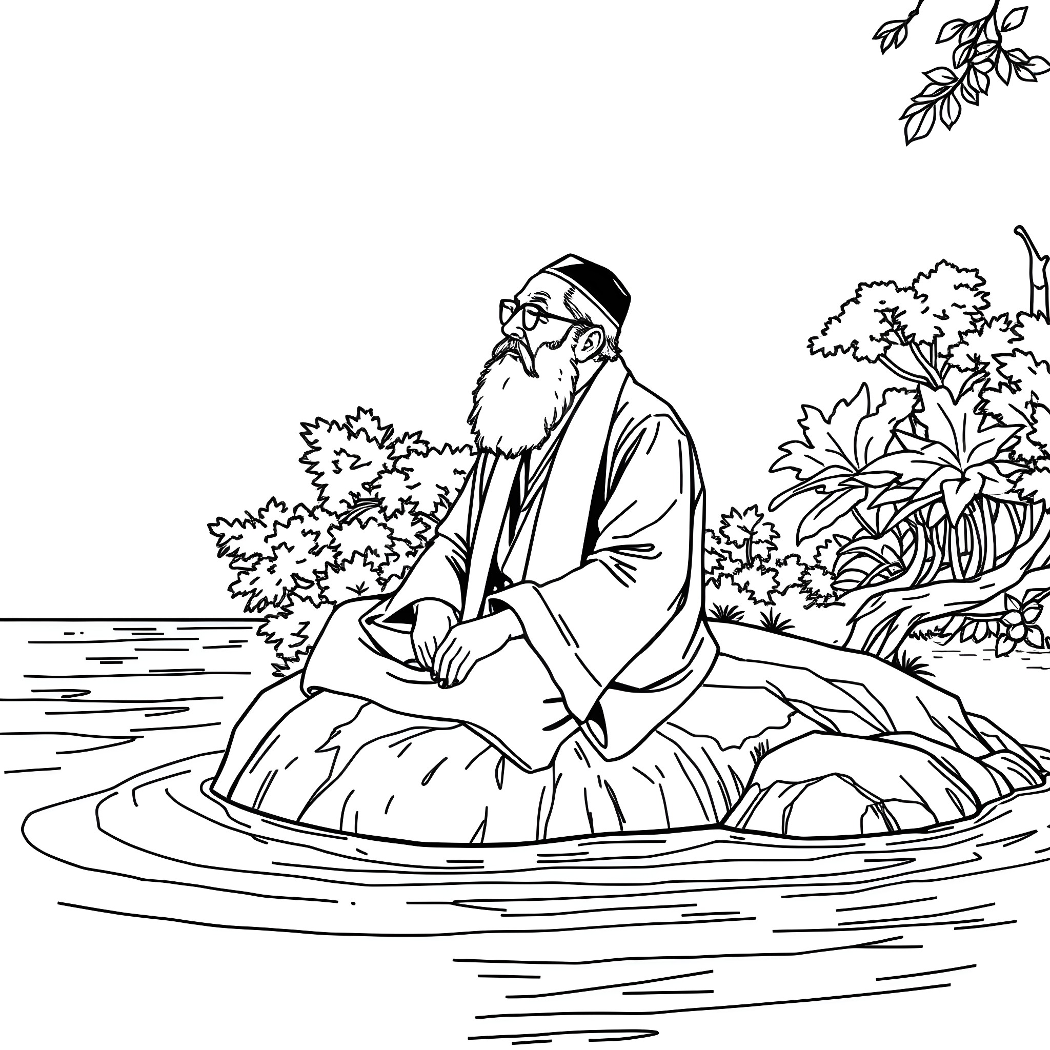 Rabbi Aryeh Levin meditating by the lakeside Coloring Page (free black-and-white line drawing printable PDF for all, from beginners to advanced learners, including children, teens, adults, and seniors)