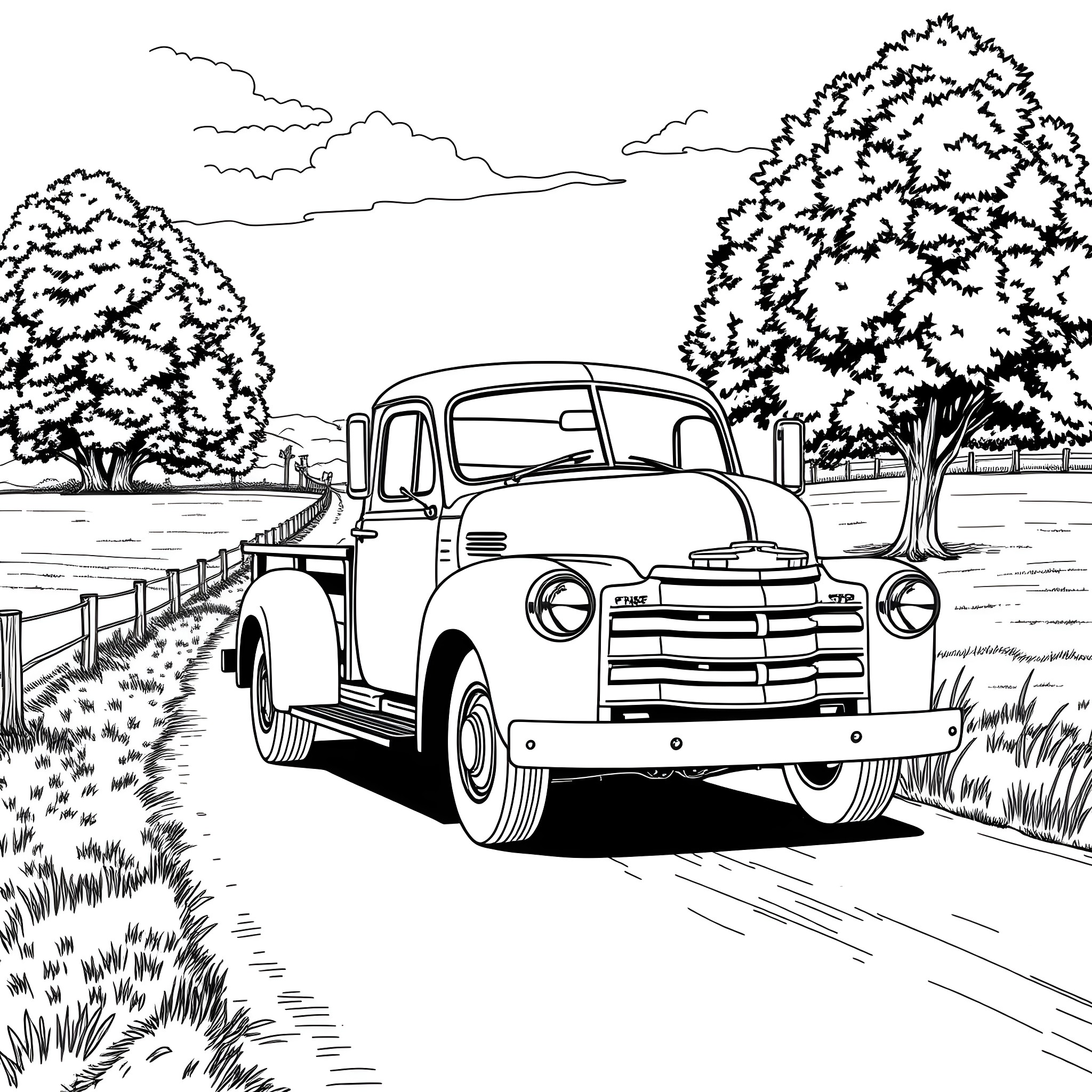 Truck driving along a country road Coloring Page (free black-and-white line drawing printable PDF for all, from beginners to advanced learners, including children, teens, adults, and seniors)