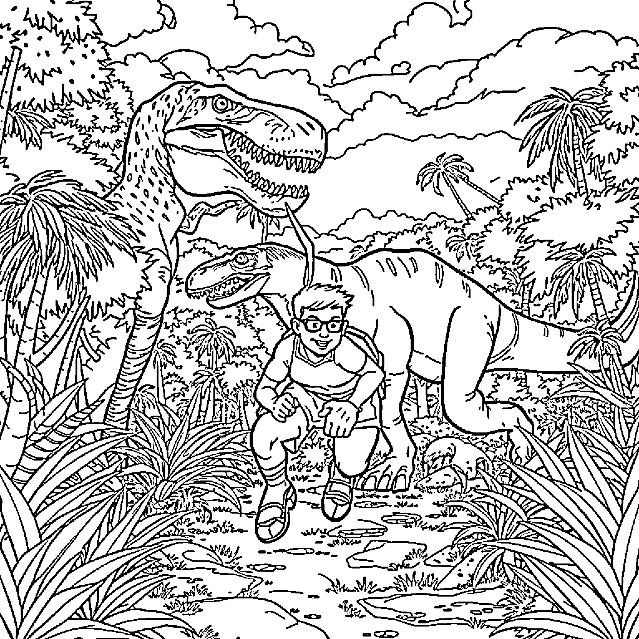 Loud Adventure in Prehistoric Jungle Coloring Page (free black-and-white line drawing printable PDF for all, from beginners to advanced learners, including children, teens, adults, and seniors)
