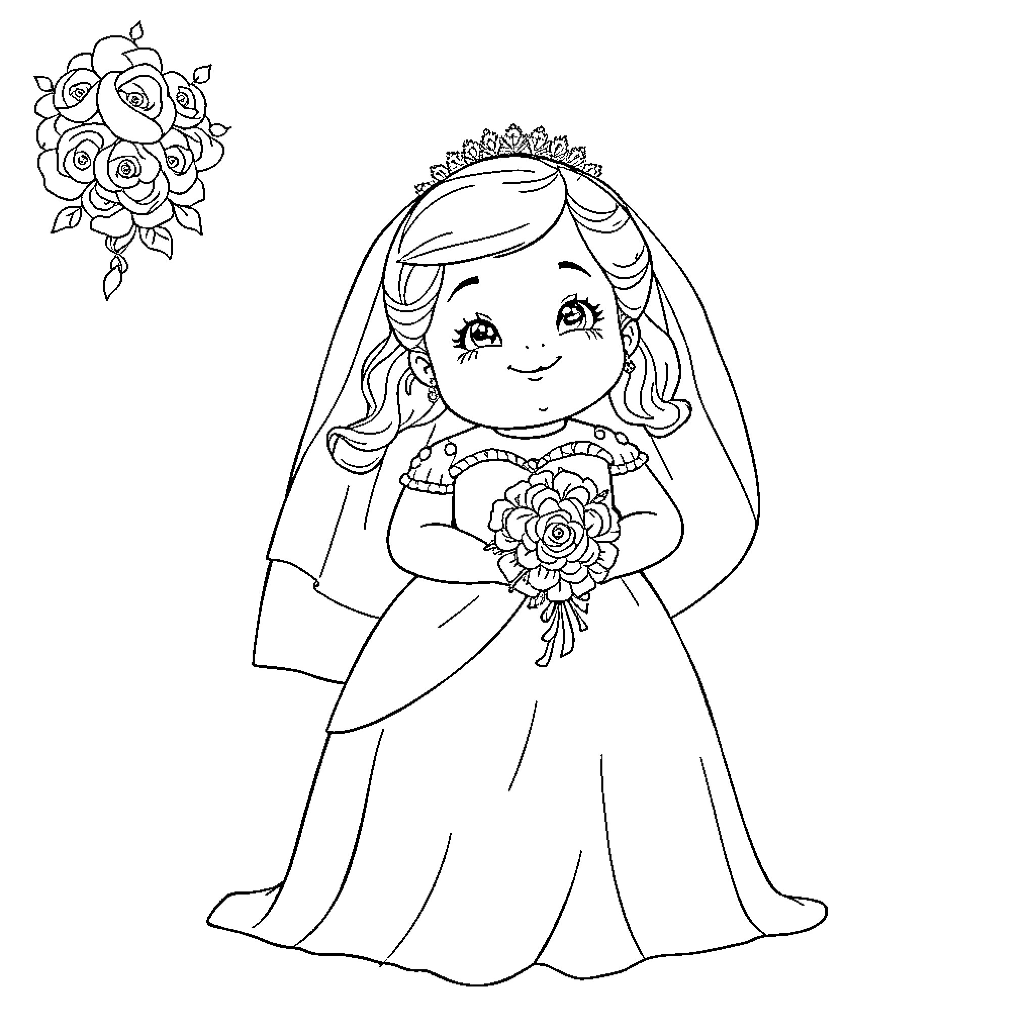 Girl dressed as a bride with a bouquet of flowers Coloring Page (free black-and-white line drawing printable PDF for all, from beginners to advanced learners, including children, teens, adults, and seniors)