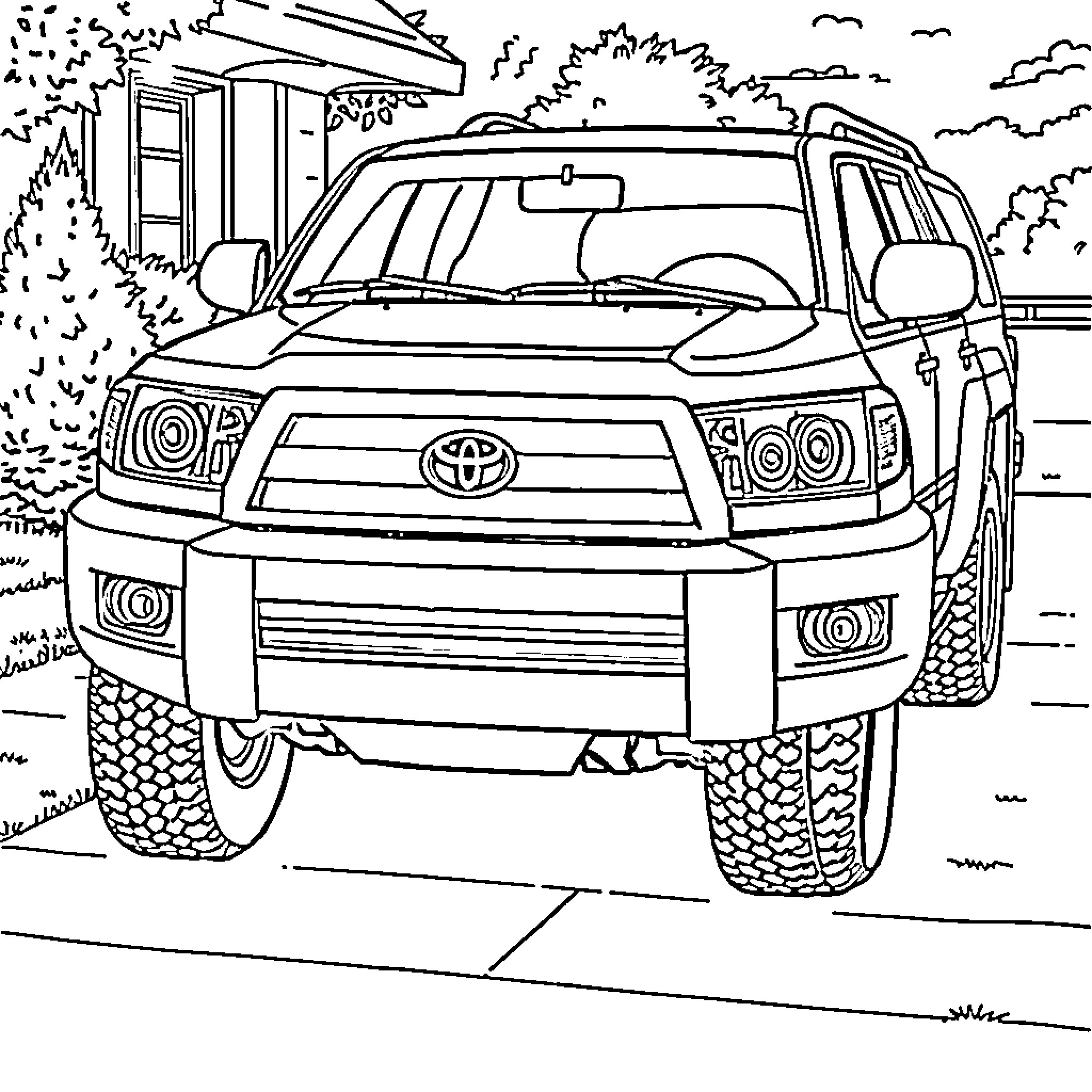Toyota off-road vehicle in the wilderness Coloring Page (free black-and-white line drawing printable PDF for all, from beginners to advanced learners, including children, teens, adults, and seniors)