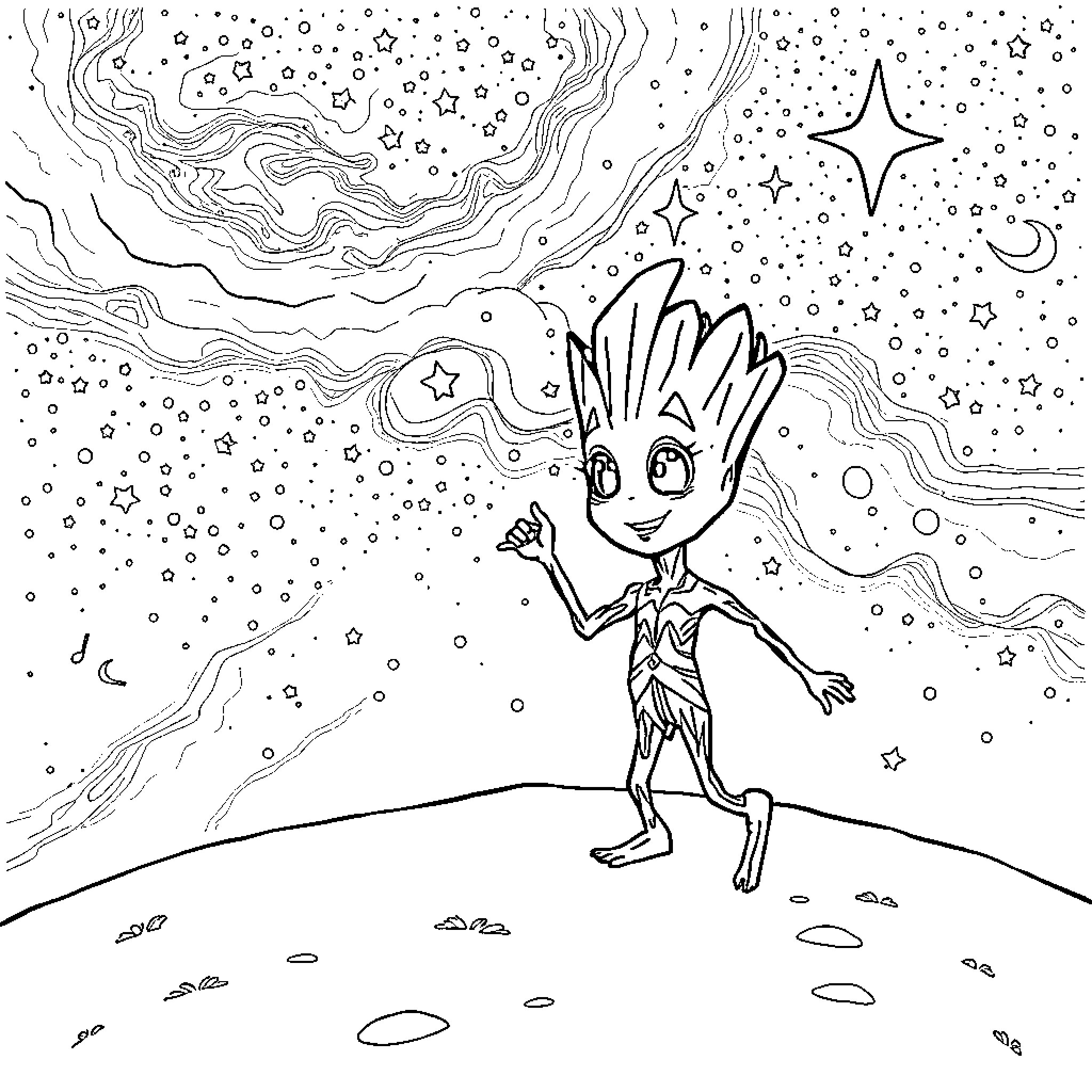 Gogru's Cosmic Adventure Coloring Page (free black-and-white line drawing printable PDF for all, from beginners to advanced learners, including children, teens, adults, and seniors)