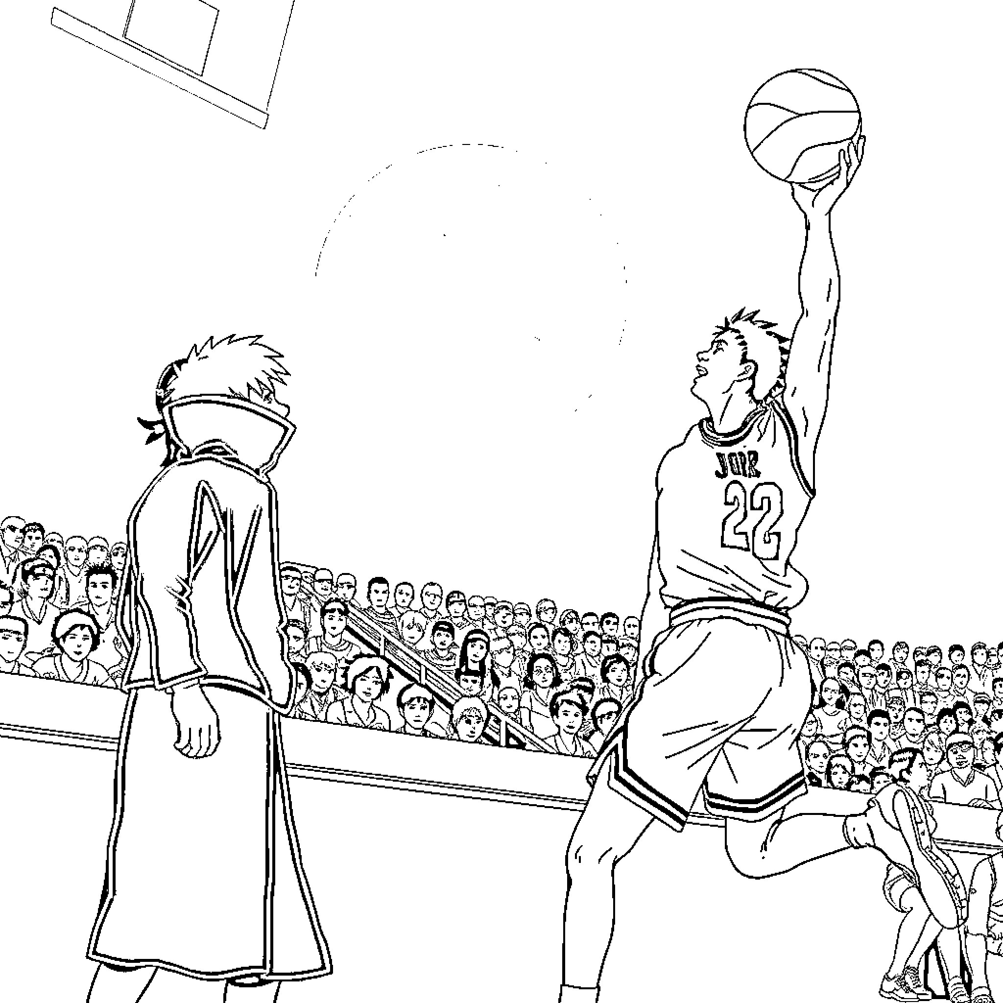 Michael Jordan dunking basketball amidst cheering crowd Coloring Page (free black-and-white line drawing printable PDF for all, from beginners to advanced learners, including children, teens, adults, and seniors)