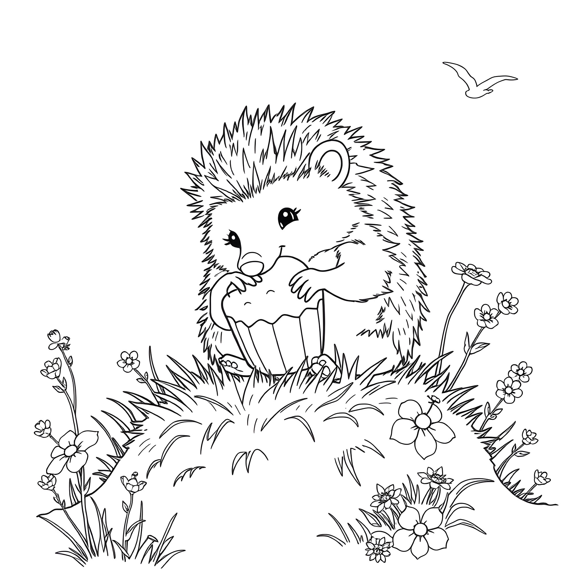 Hedgehog enjoying flowers in the meadow Coloring Page (free black-and-white line drawing printable PDF for all, from beginners to advanced learners, including children, teens, adults, and seniors)
