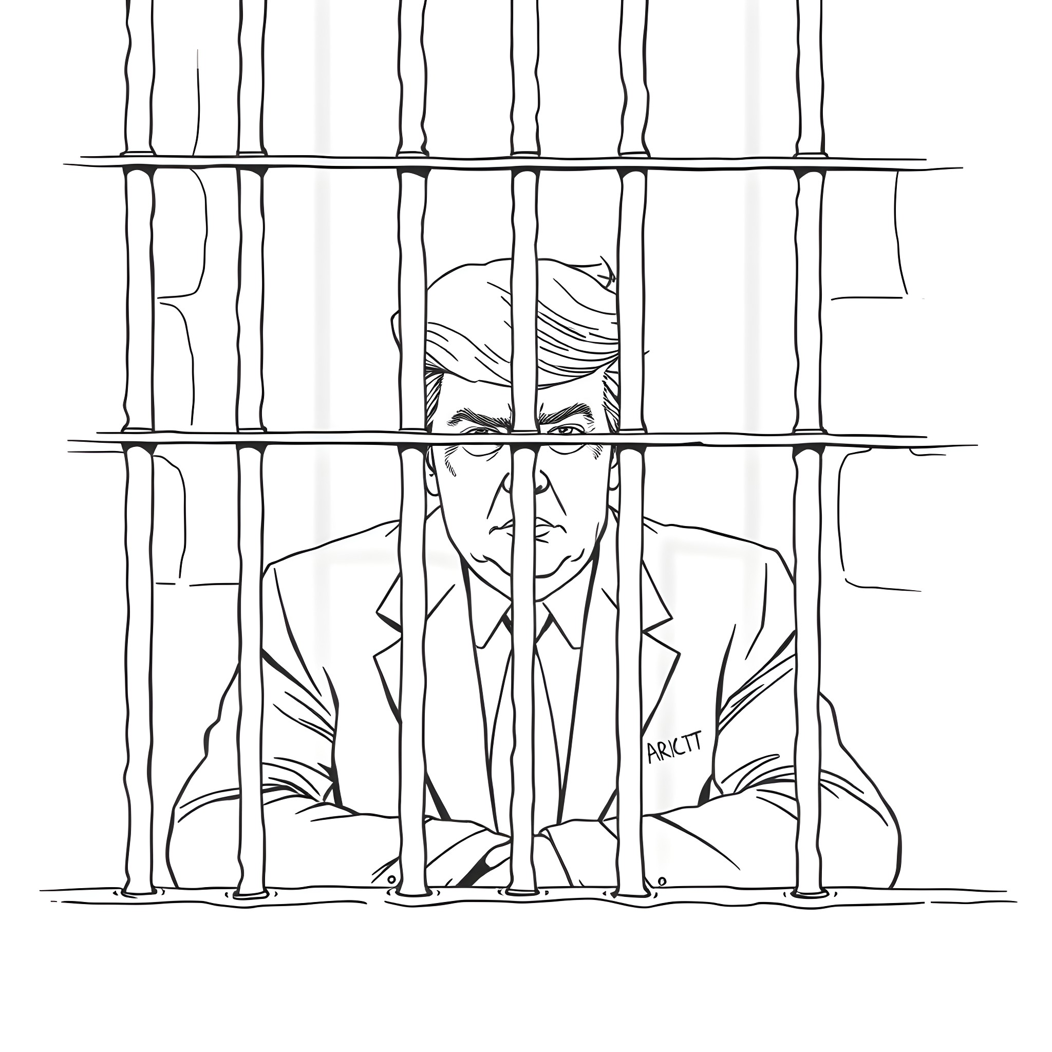 Trump behind bars in a sketchy illustration Coloring Page (free black-and-white line drawing printable PDF for all, from beginners to advanced learners, including children, teens, adults, and seniors)