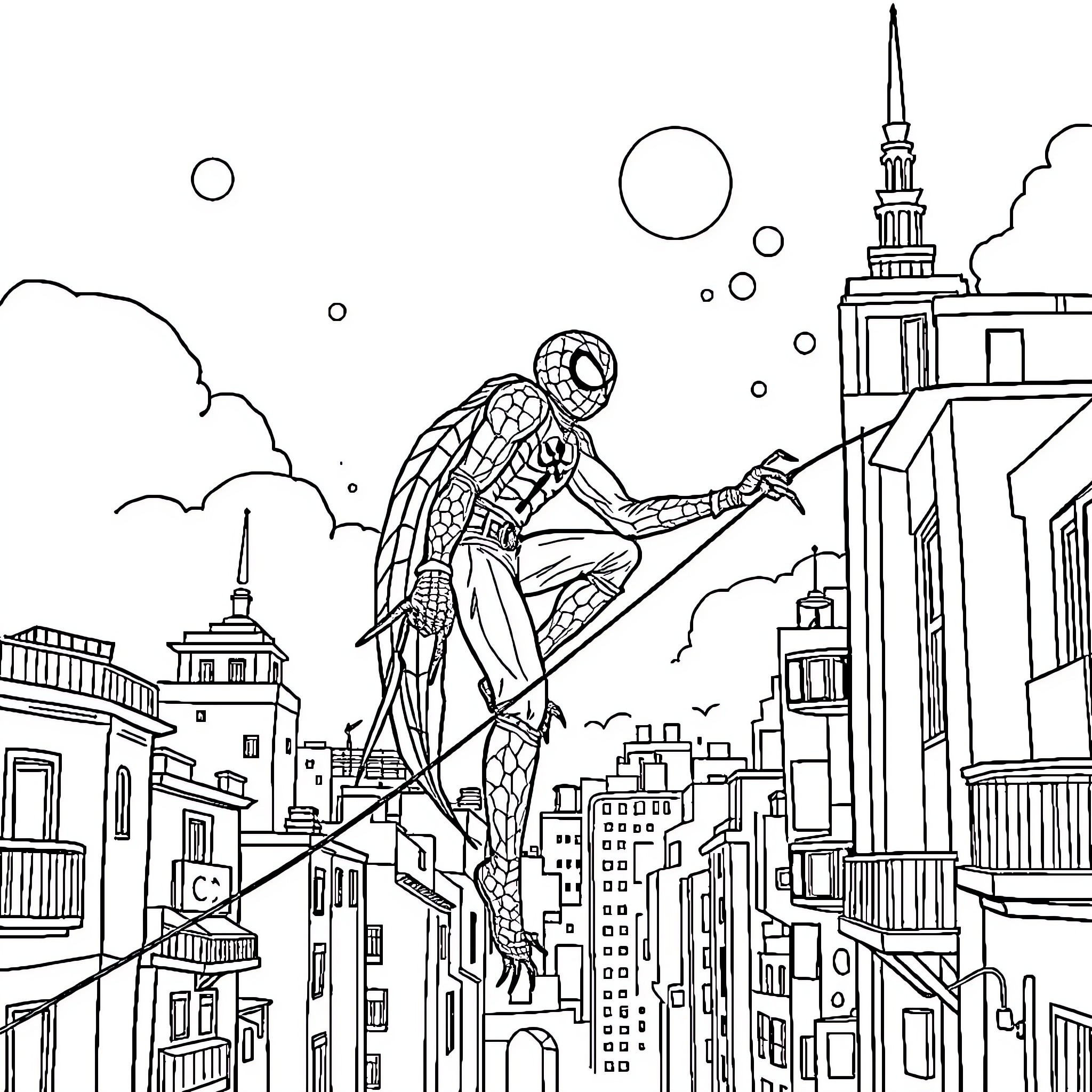 Spider-Man swinging through the city skyline Coloring Page (free black-and-white line drawing printable PDF for all, from beginners to advanced learners, including children, teens, adults, and seniors)