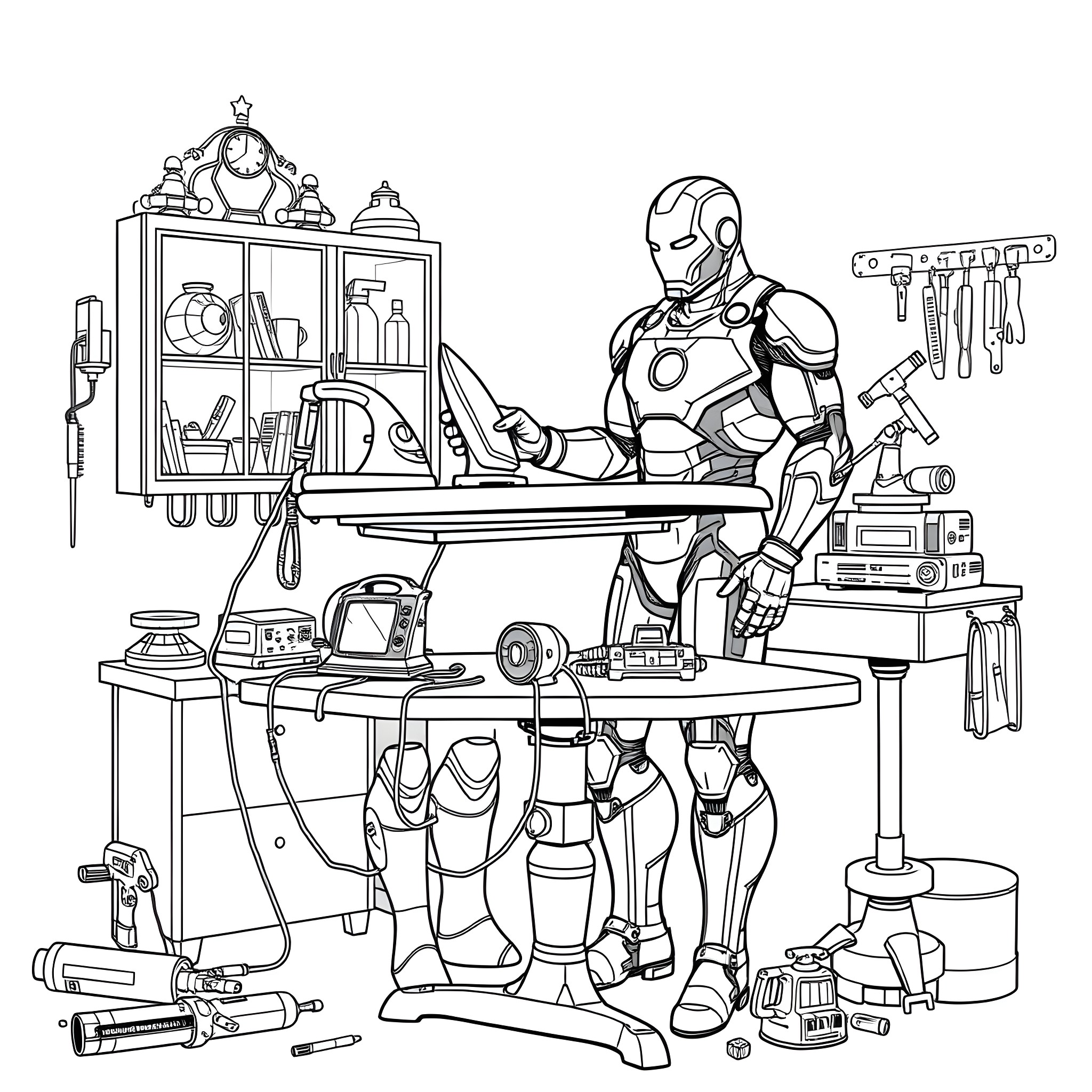 Iron Man in his workshop surrounded by tools and gadgets Coloring Page (free black-and-white line drawing printable PDF for all, from beginners to advanced learners, including children, teens, adults, and seniors)