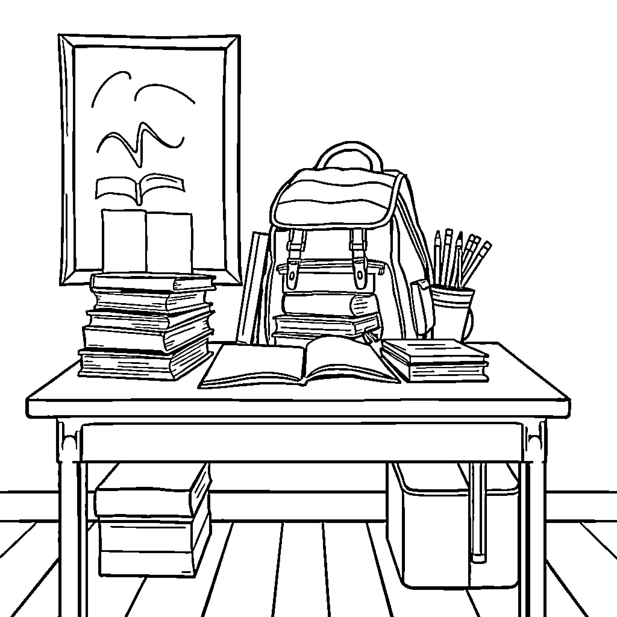 Desk with school supplies and books Coloring Page (free black-and-white line drawing printable PDF for all, from beginners to advanced learners, including children, teens, adults, and seniors)