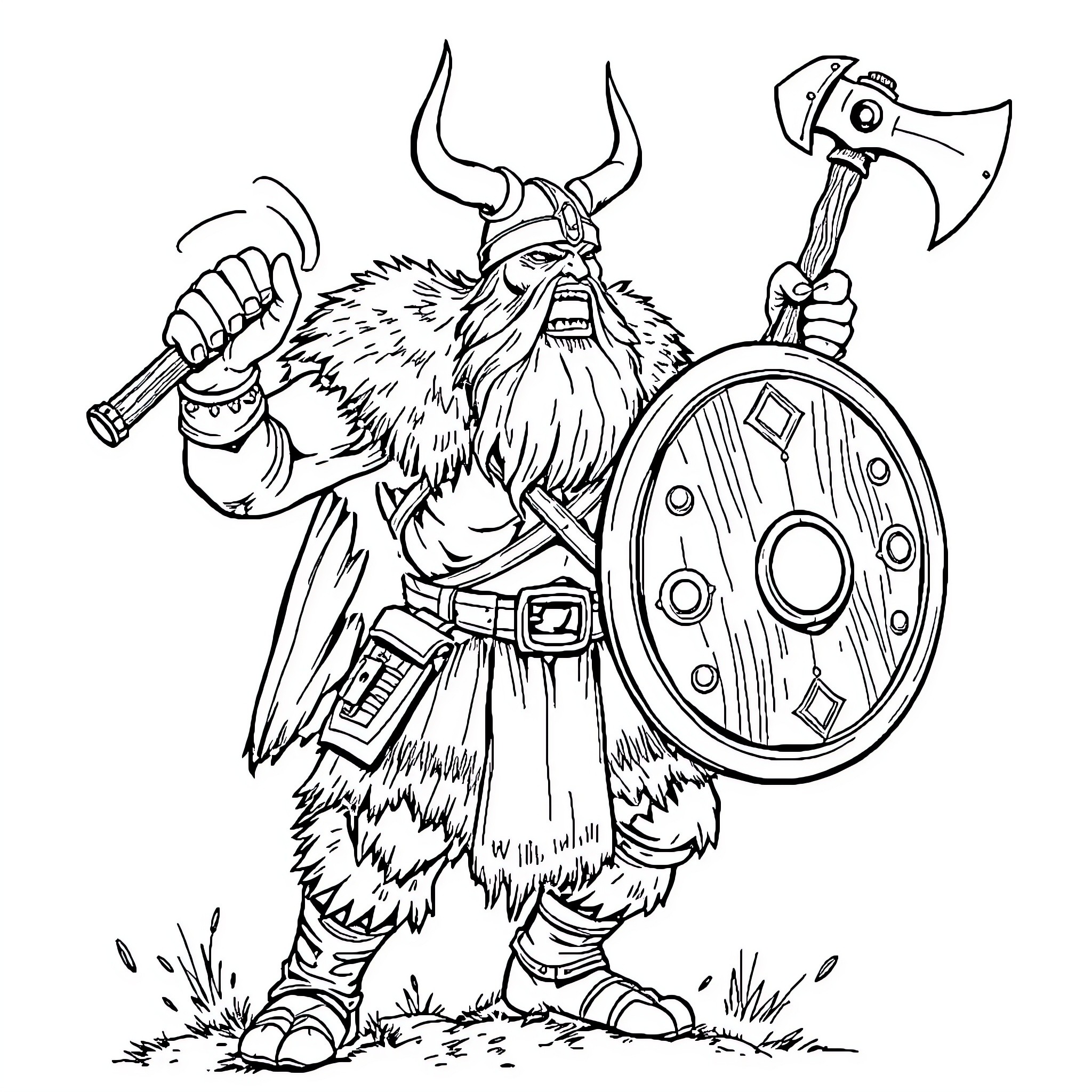 Viking warrior wielding ax and shield in battle Coloring Page (free black-and-white line drawing printable PDF for all, from beginners to advanced learners, including children, teens, adults, and seniors)