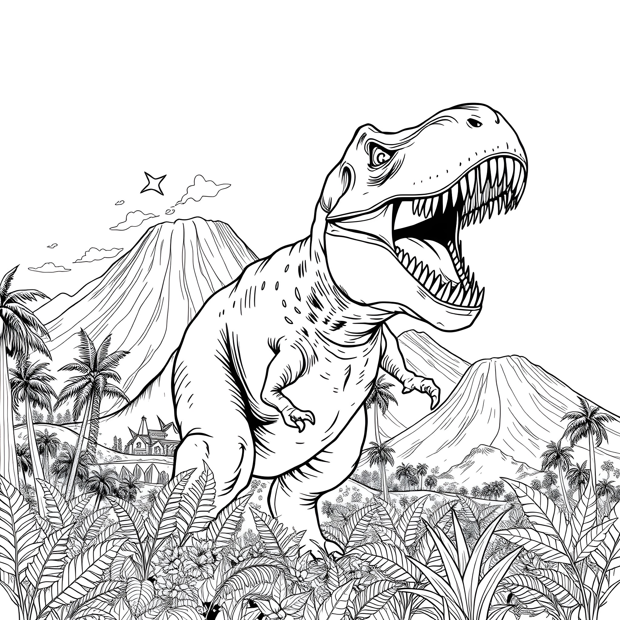 T-Rex Stomping Through Prehistoric Landscape Coloring Page (free black-and-white line drawing printable PDF for all, from beginners to advanced learners, including children, teens, adults, and seniors)