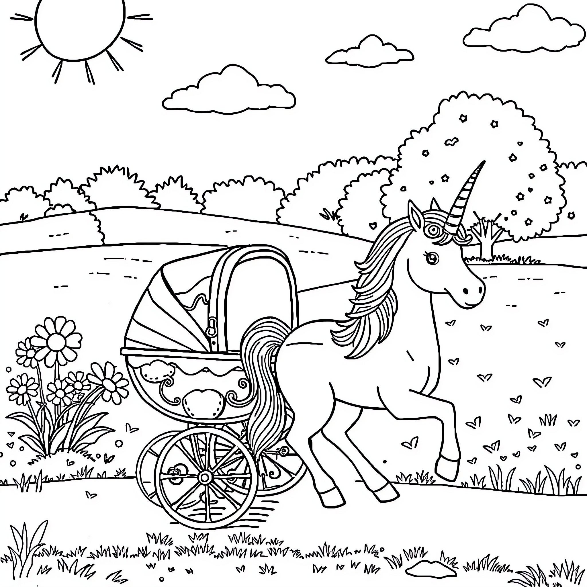 Unicorn pulling a carriage in a pastoral scene Coloring Page (free black-and-white line drawing printable PDF for all, from beginners to advanced learners, including children, teens, adults, and seniors)