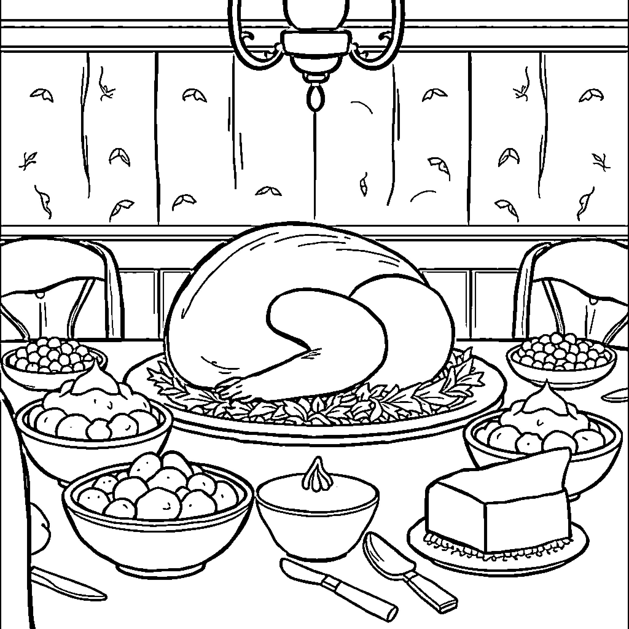 Thanksgiving Dinner Gathering with Traditional Dishes Coloring Page (free black-and-white line drawing printable PDF for all, from beginners to advanced learners, including children, teens, adults, and seniors)