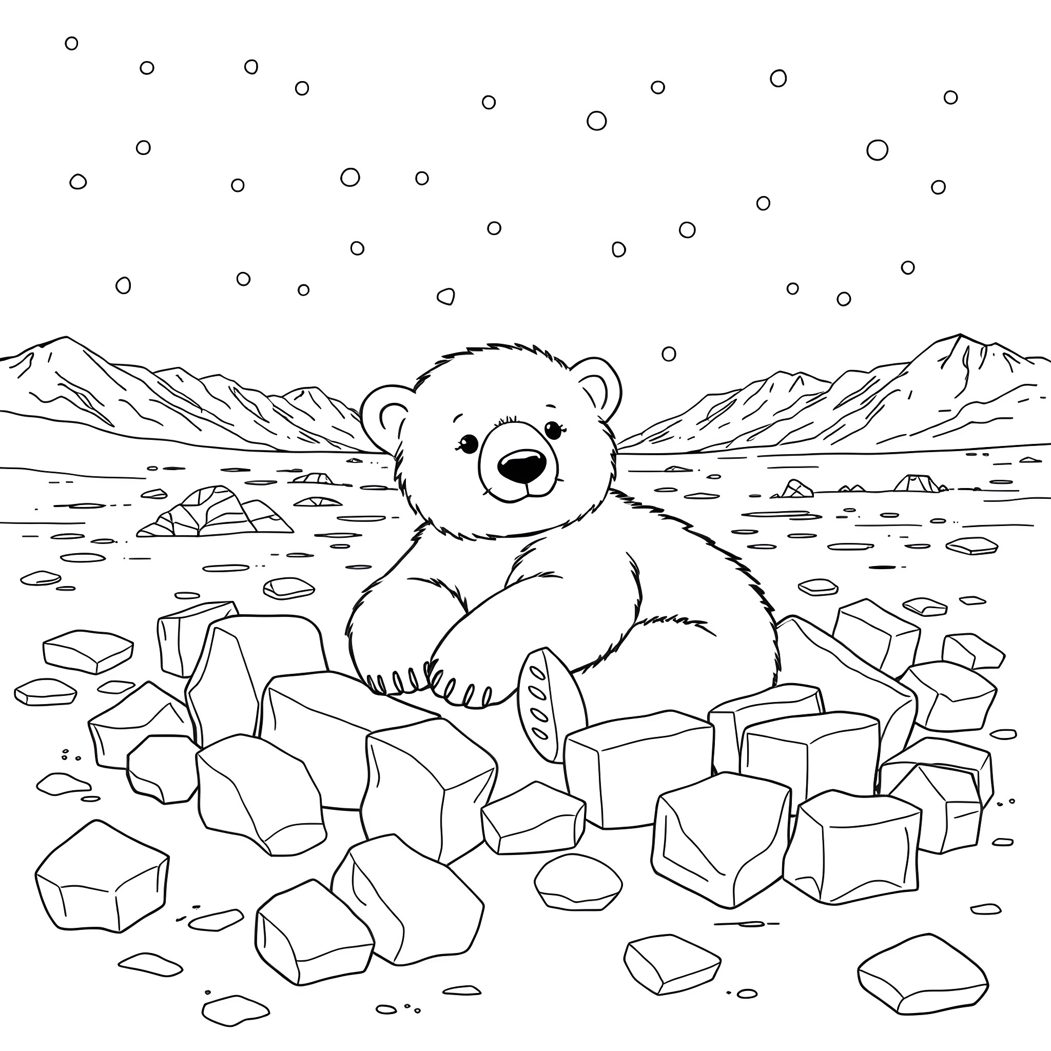 Polar Bear sitting amidst snowy landscape Coloring Page (free black-and-white line drawing printable PDF for all, from beginners to advanced learners, including children, teens, adults, and seniors)