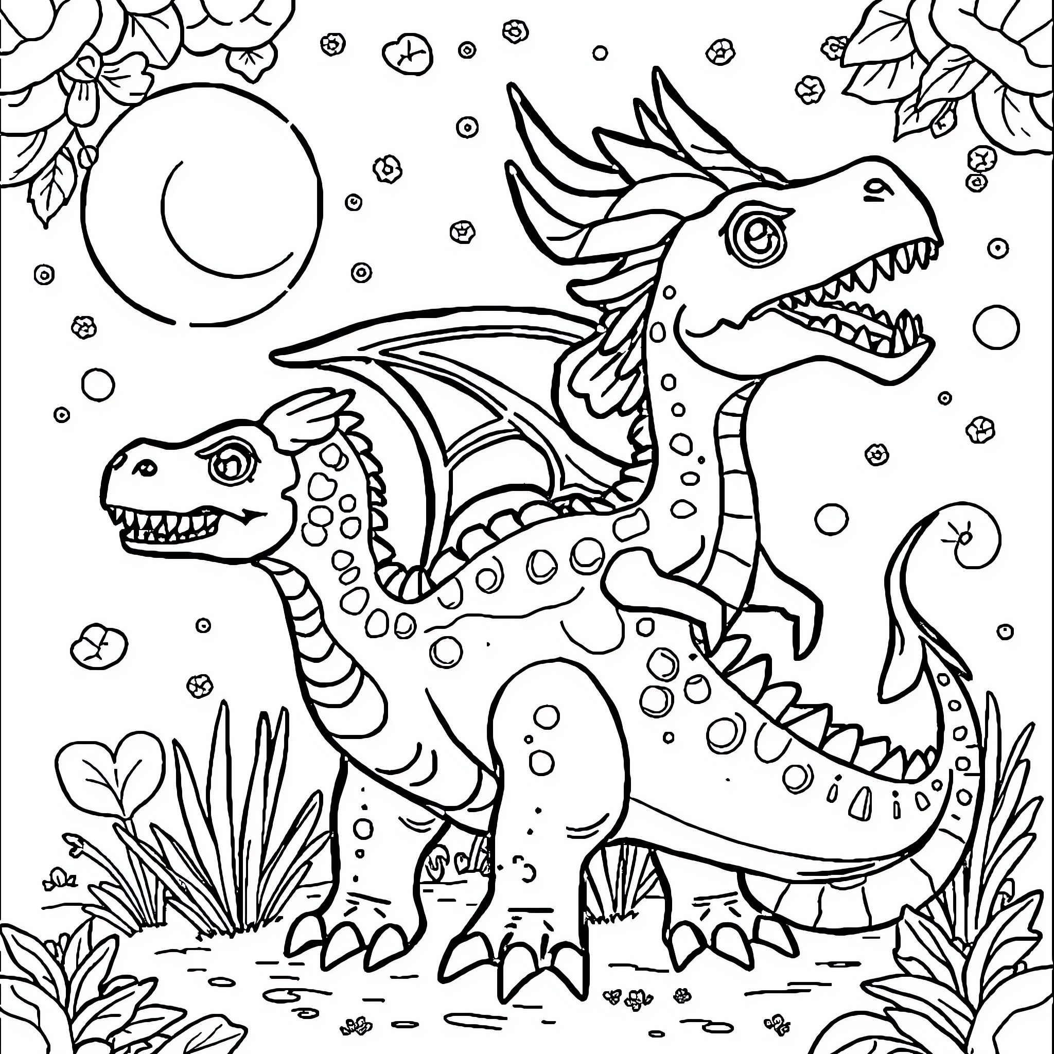 Dinosaur Roaming in Fantastical Landscape Coloring Page (free black-and-white line drawing printable PDF for all, from beginners to advanced learners, including children, teens, adults, and seniors)