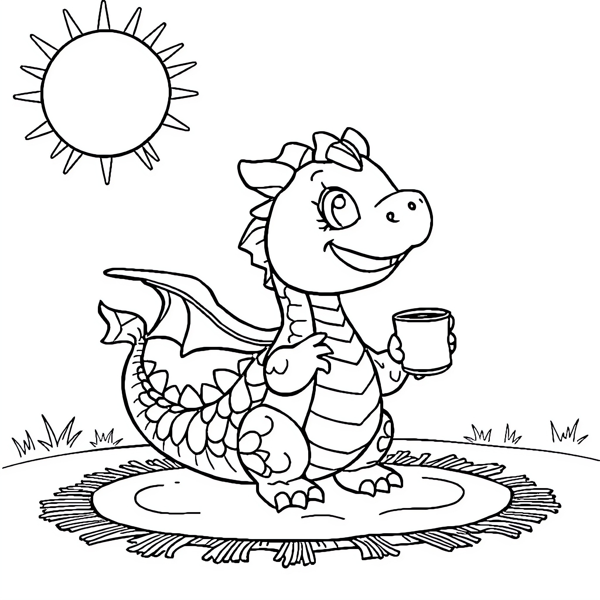 Dragon drinking tea in a sunny meadow Coloring Page (free black-and-white line drawing printable PDF for all, from beginners to advanced learners, including children, teens, adults, and seniors)