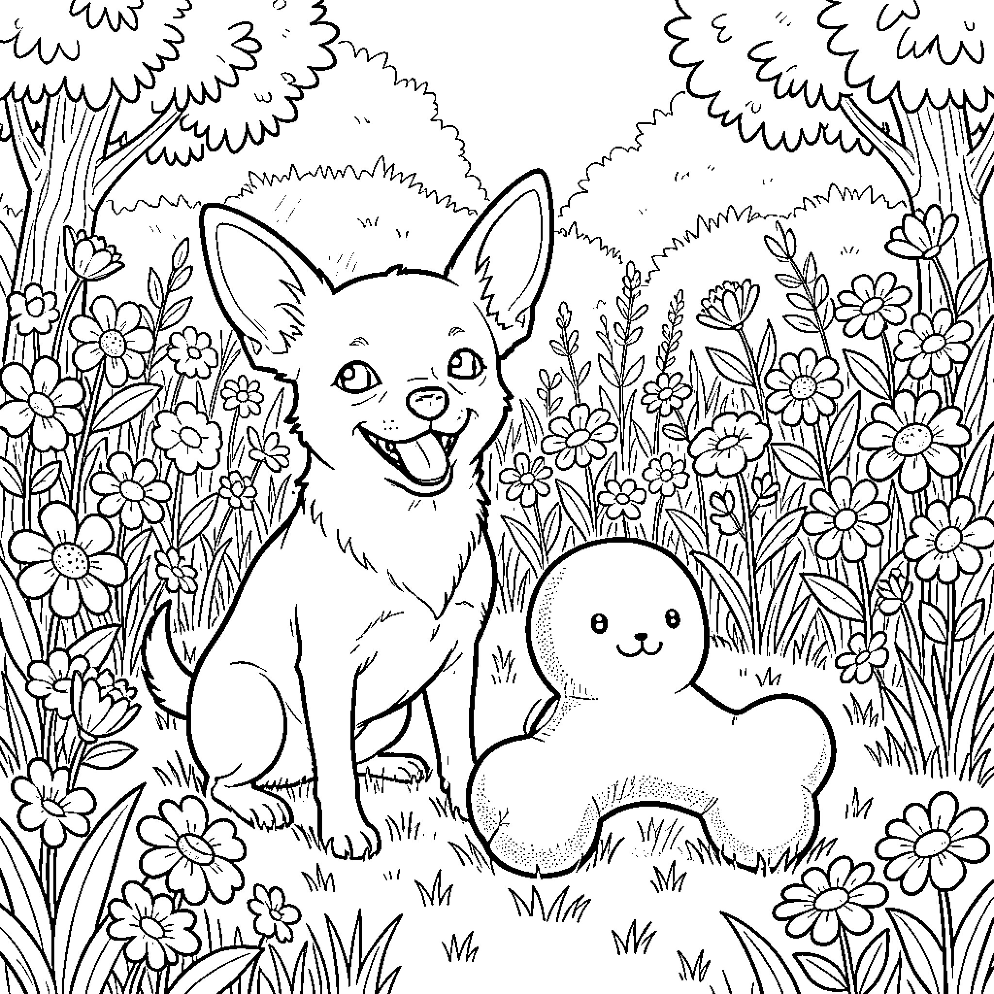 Chihuahua Companions in Floral Garden Coloring Page (free black-and-white line drawing printable PDF for all, from beginners to advanced learners, including children, teens, adults, and seniors)