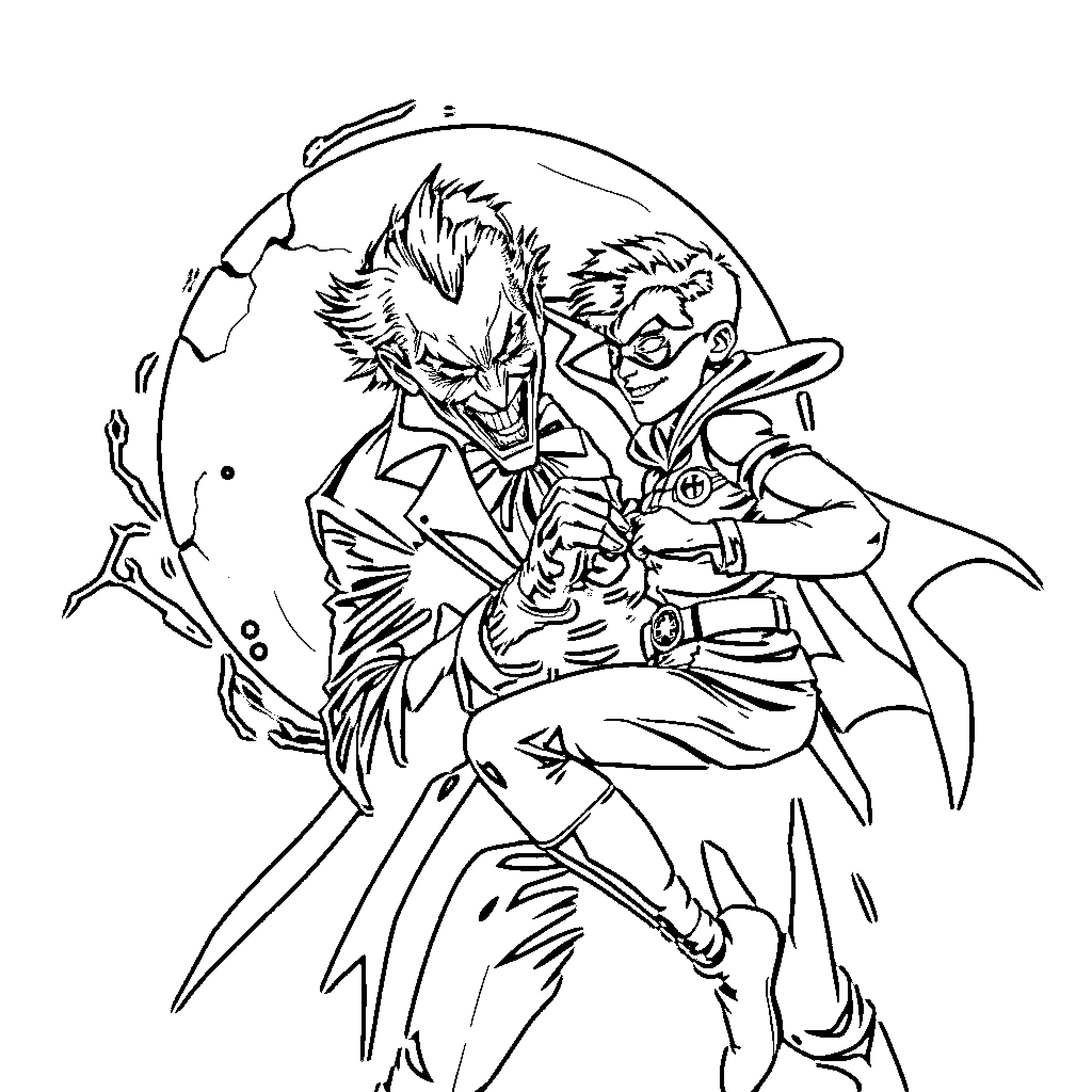 Joker's Sinister Embrace of Mayhem Coloring Page (free black-and-white line drawing printable PDF for all, from beginners to advanced learners, including children, teens, adults, and seniors)