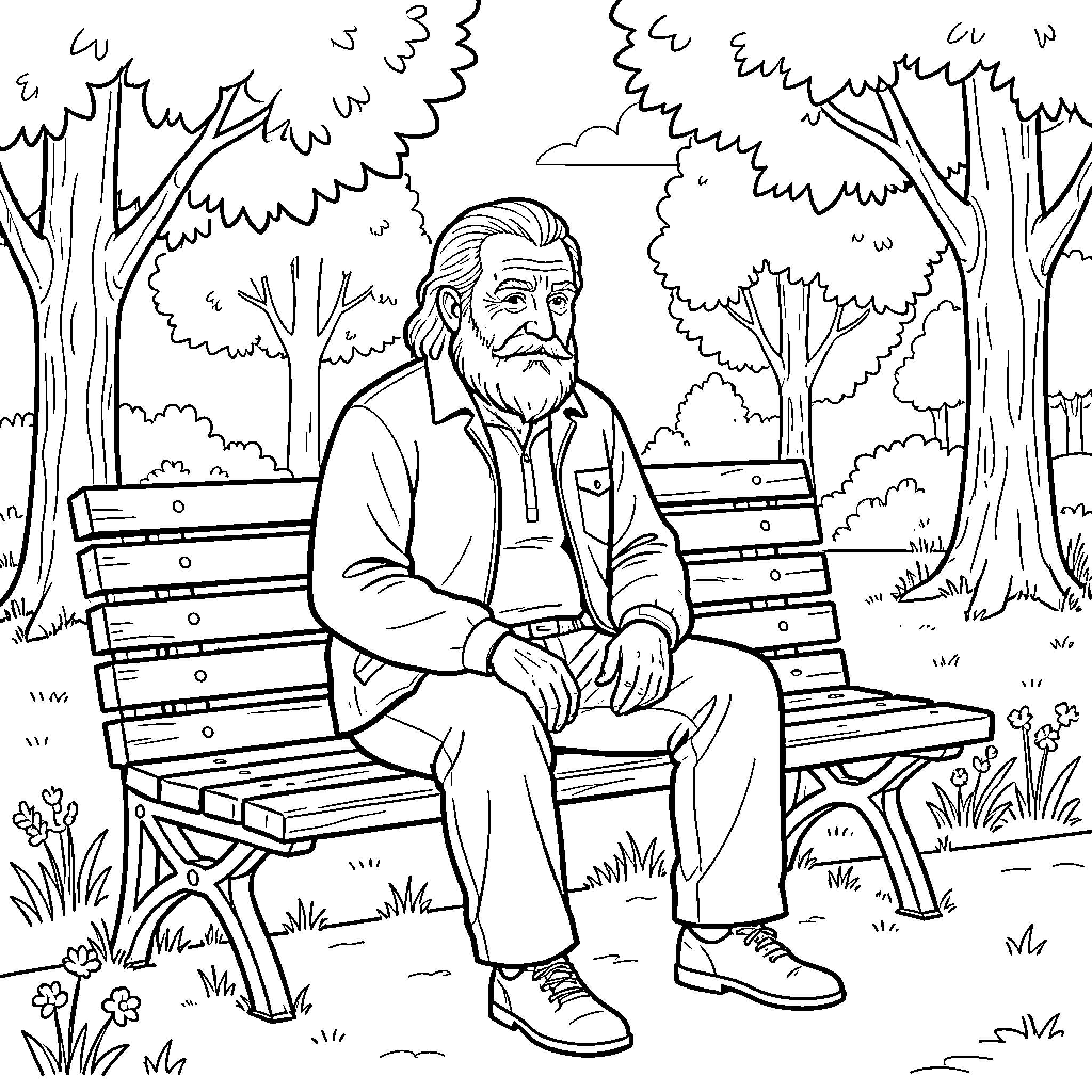 Old Man Sitting Pensively on a Park Bench Coloring Page (free black-and-white line drawing printable PDF for all, from beginners to advanced learners, including children, teens, adults, and seniors)