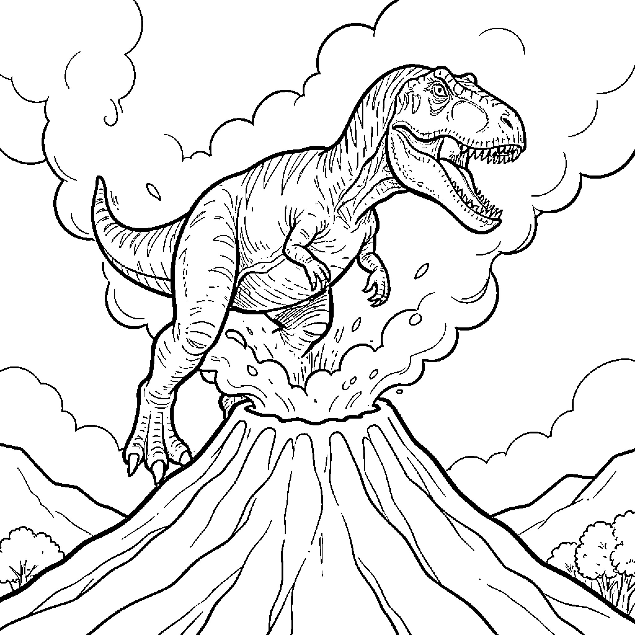 Dinosaur emerging from erupting volcano Coloring Page (free black-and-white line drawing printable PDF for all, from beginners to advanced learners, including children, teens, adults, and seniors)