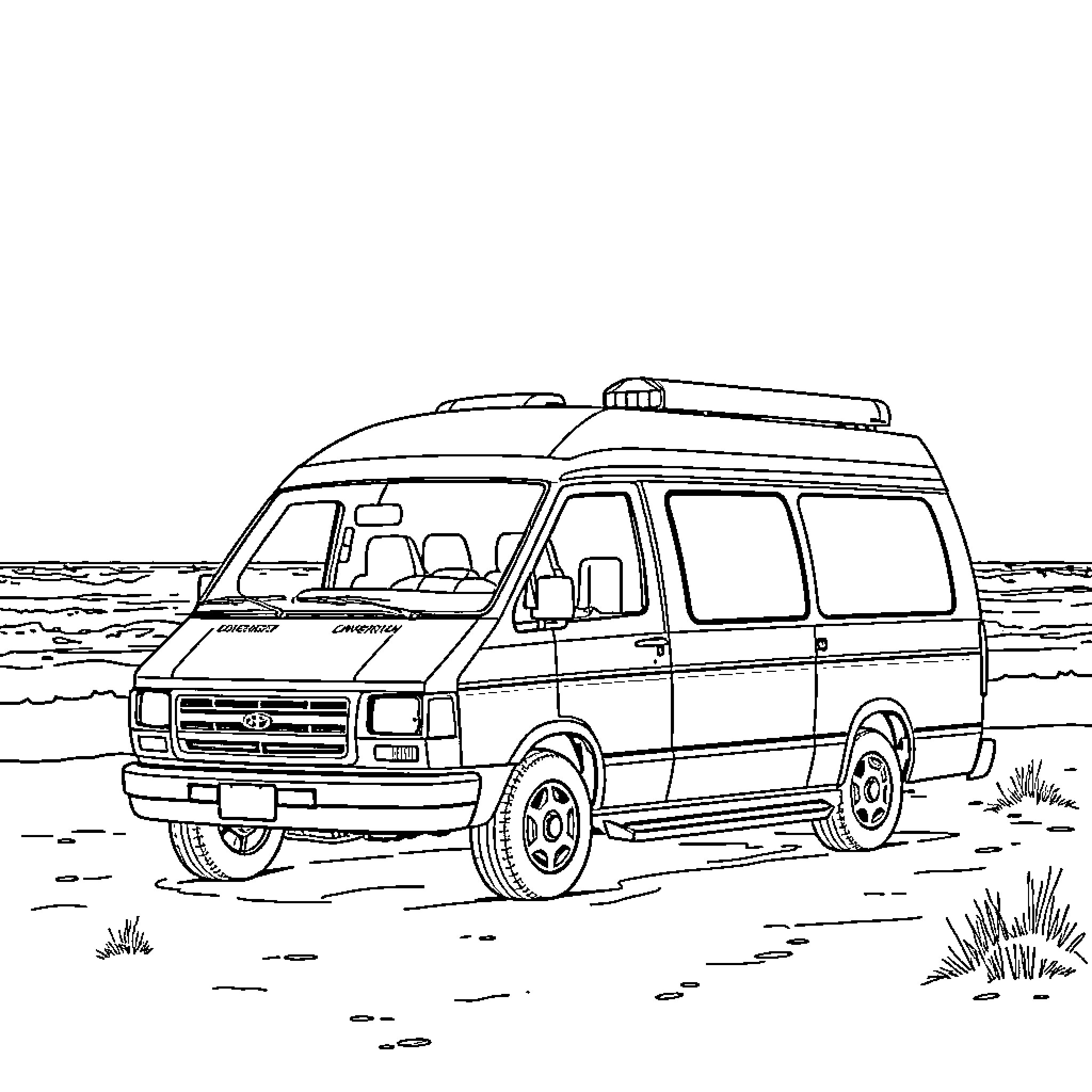Van traversing outdoor landscape Coloring Page (free black-and-white line drawing printable PDF for all, from beginners to advanced learners, including children, teens, adults, and seniors)