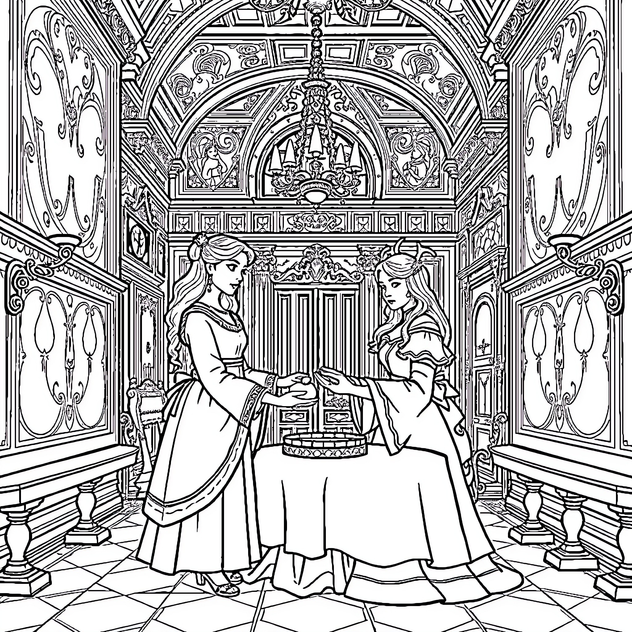 Snow White's Royal Audience in the Palace Coloring Page (free black-and-white line drawing printable PDF for all, from beginners to advanced learners, including children, teens, adults, and seniors)