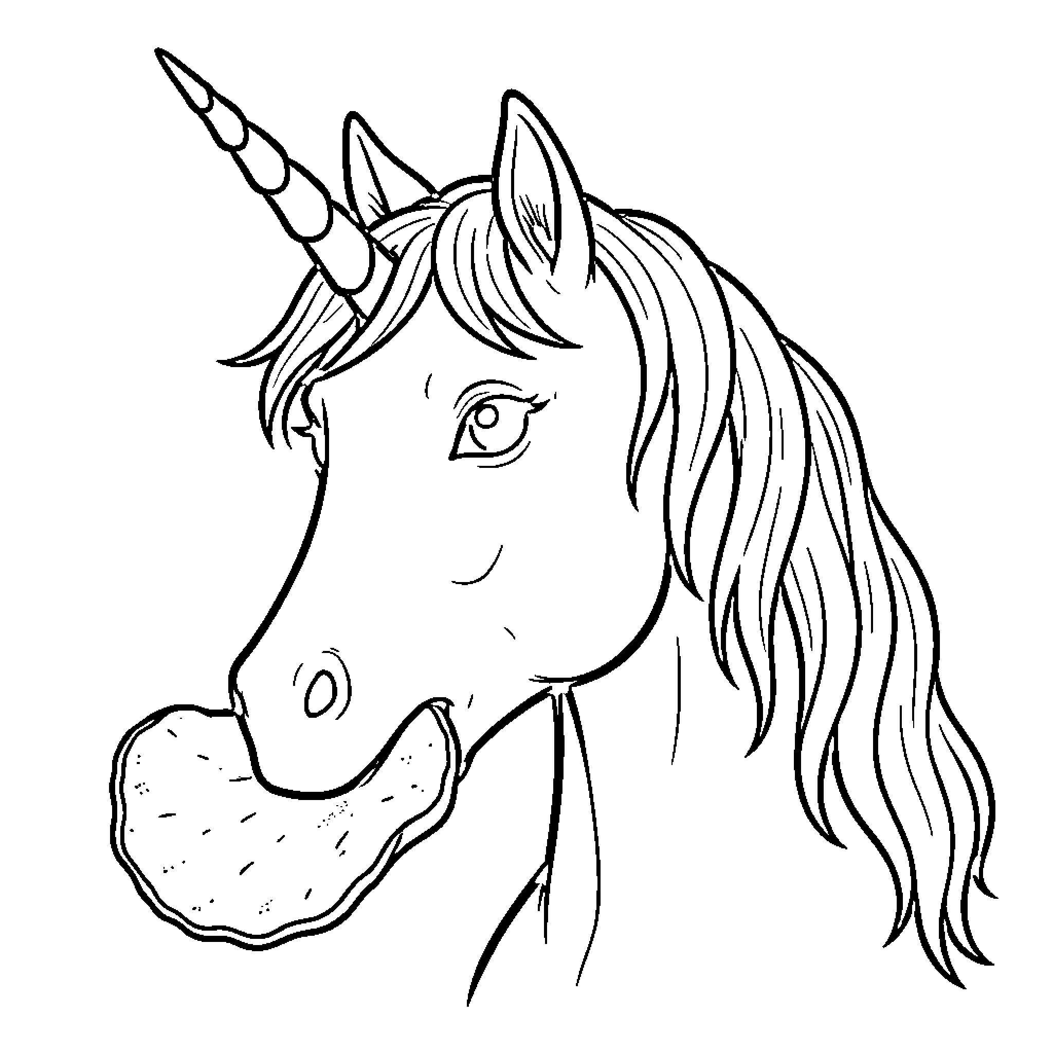Unicorn eating a tasty treat with a happy expression Coloring Page (free black-and-white line drawing printable PDF for all, from beginners to advanced learners, including children, teens, adults, and seniors)