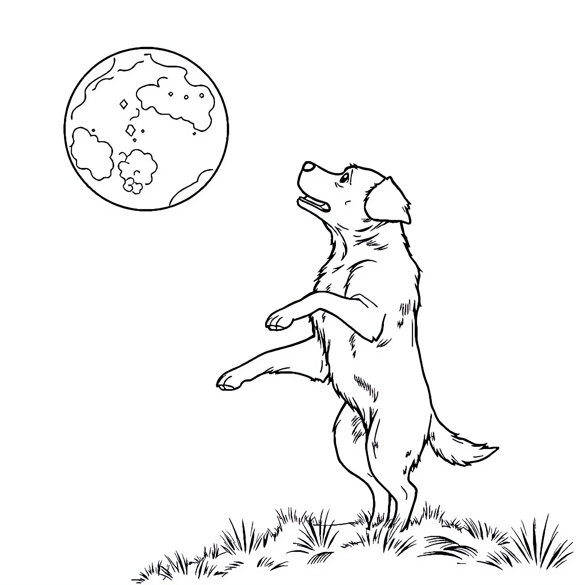 Dog howling at the moon Coloring Page (free black-and-white line drawing printable PDF for all, from beginners to advanced learners, including children, teens, adults, and seniors)